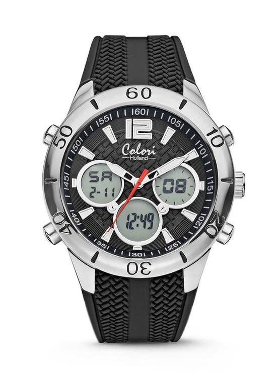 Ravel - Heren Grote Digit Zilverkleurige Horloge met Zwarte Bovenring op Siliconen Sportband - Analoog Kwarts - RS001, Zwart, riem