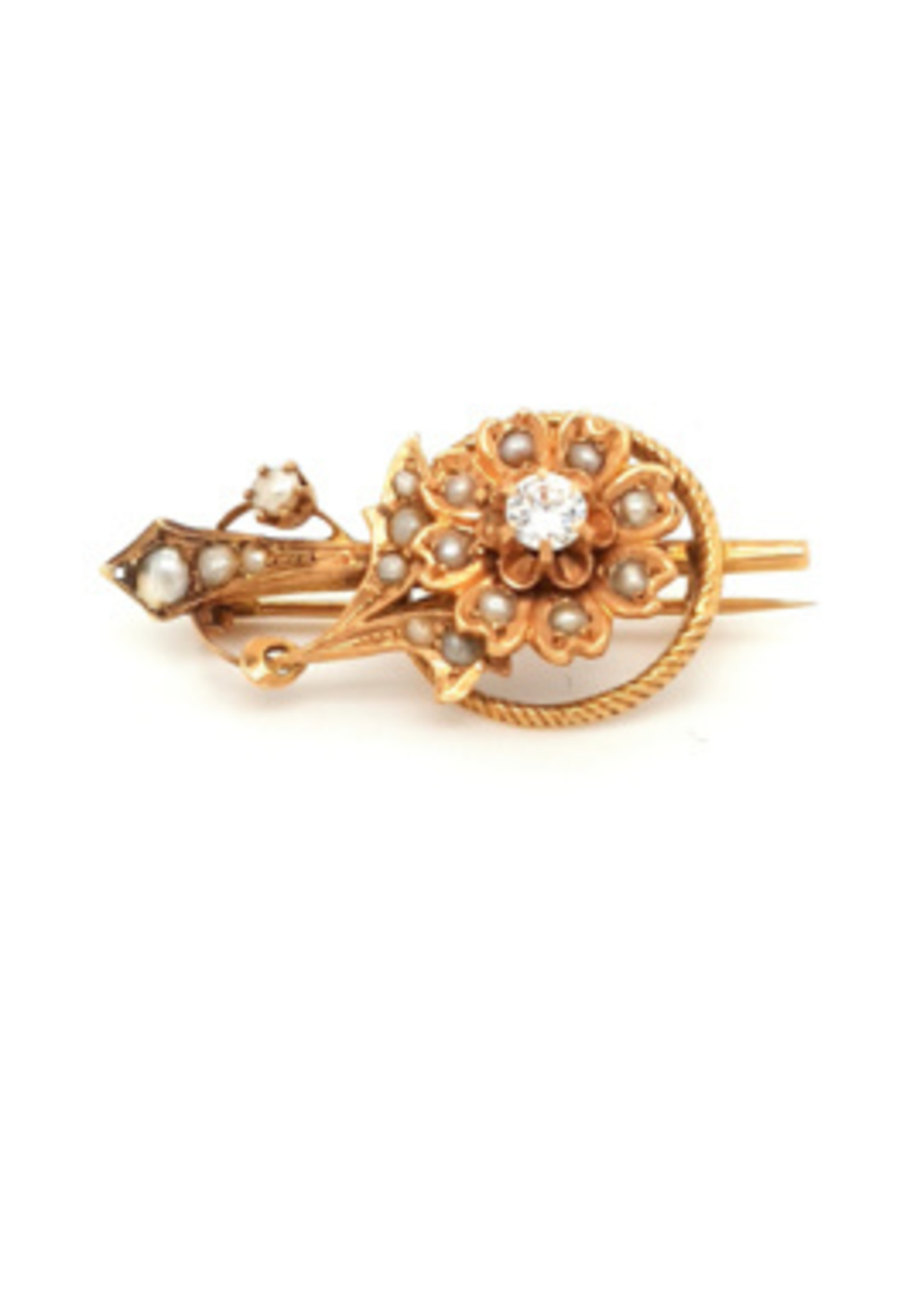 Vintage & Occasion Occasion antieke broche met zaadpareltjes en diamant 0.20ct, VSI - F