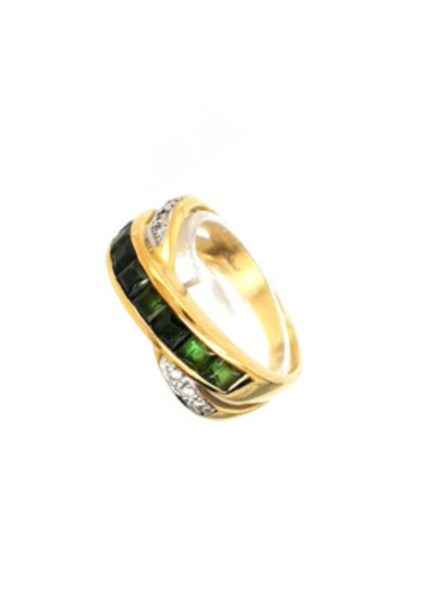 Vintage & Occasion Occasion bicolor gouden gekruiste ring met toermalijn en diamant 0.12ct