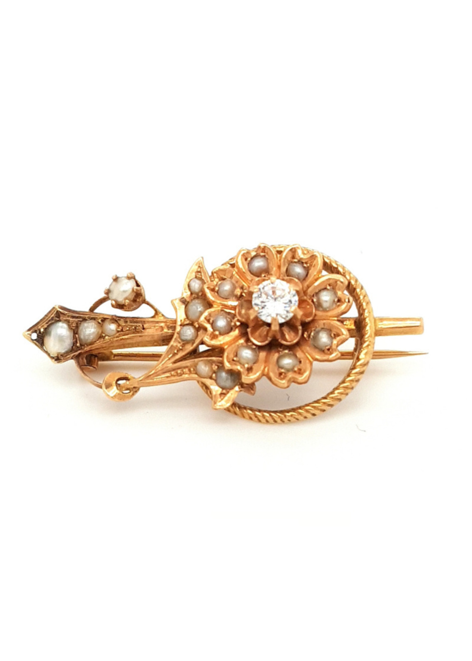 Vintage & Occasion Occasion antieke broche met zaadpareltjes en diamant 0.20ct, VSI - F