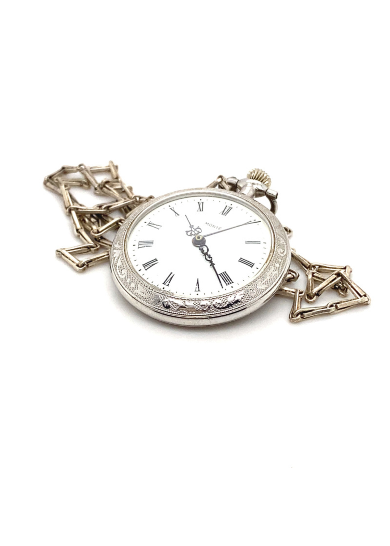 Vintage & Occasion Occasion Monté chrome zakhorloge aan zilveren ketting van 60cm