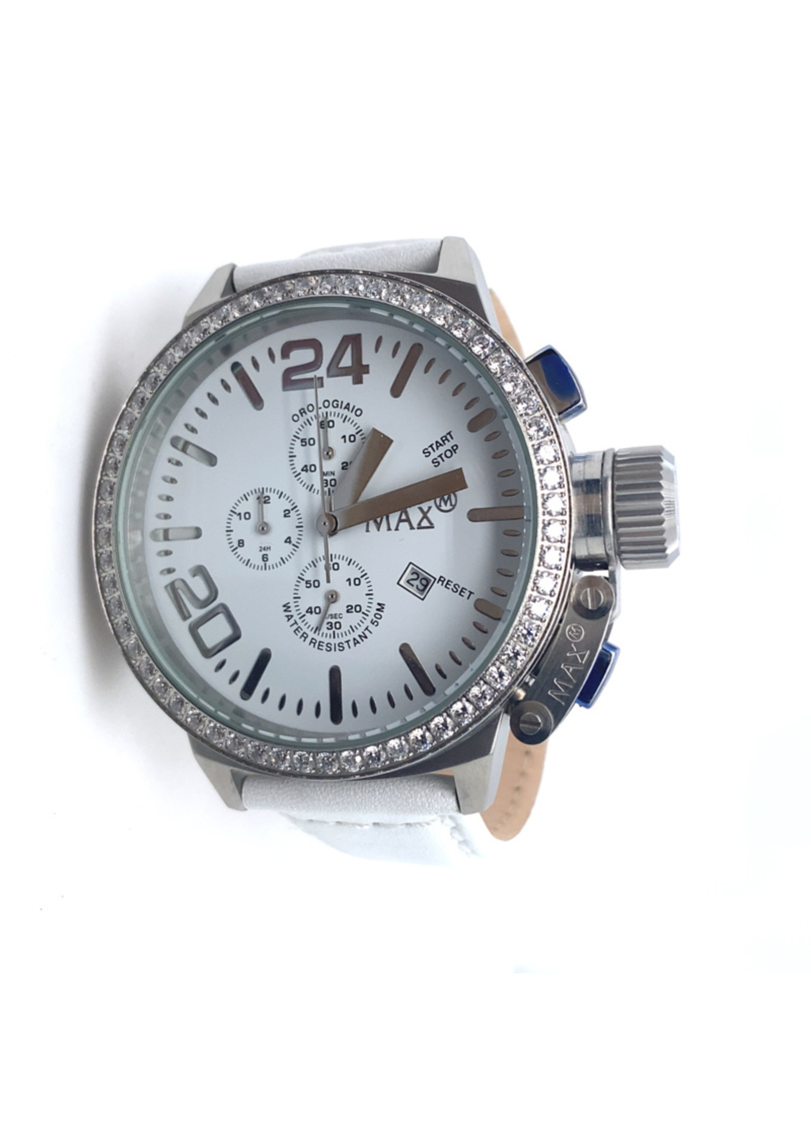 Vintage & Occasion Max XL Watches polshorloge met witte band en strasstenen