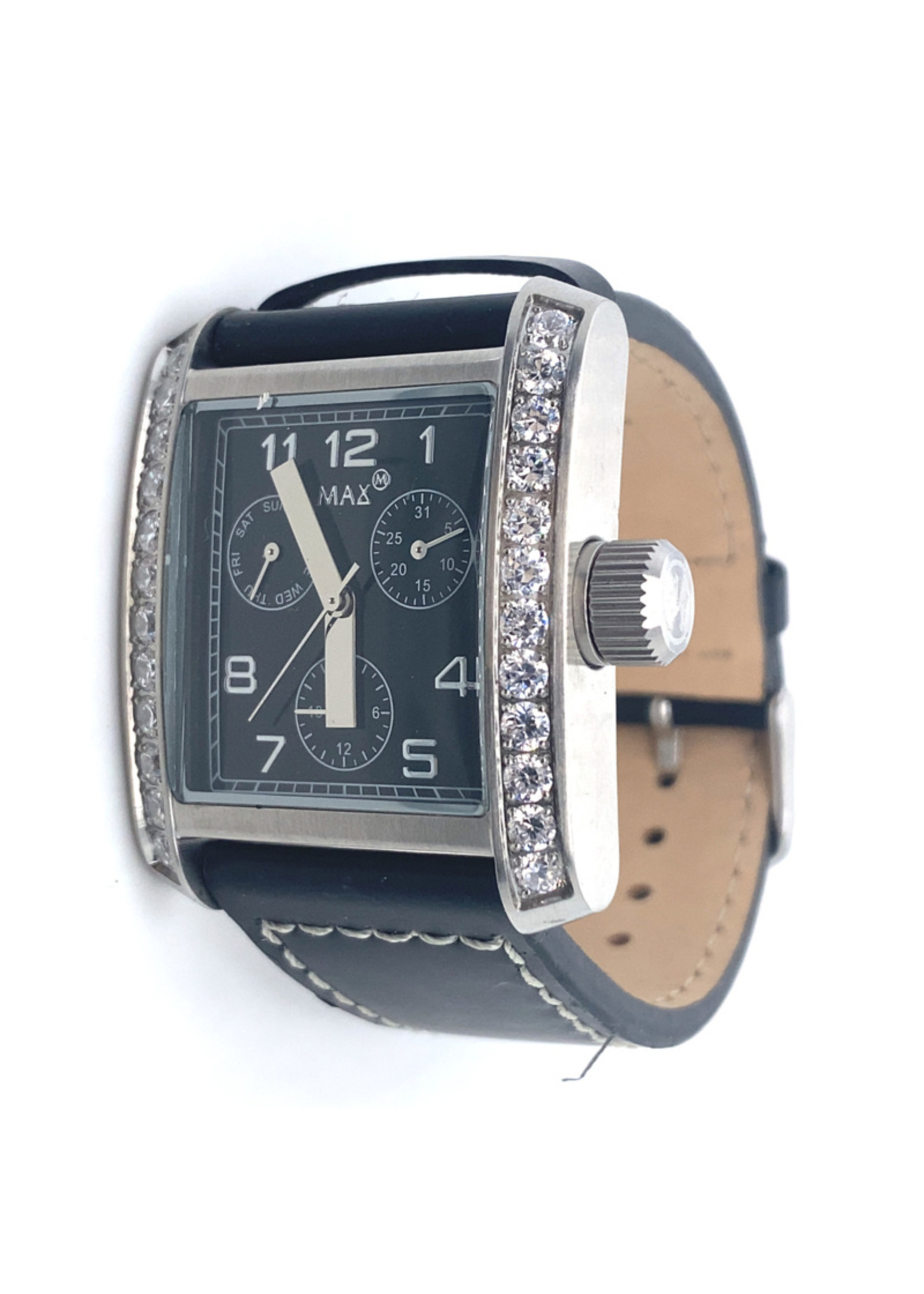 Vintage & Occasion Max XL Watches polshorloge met zwarte band en kristal stenen