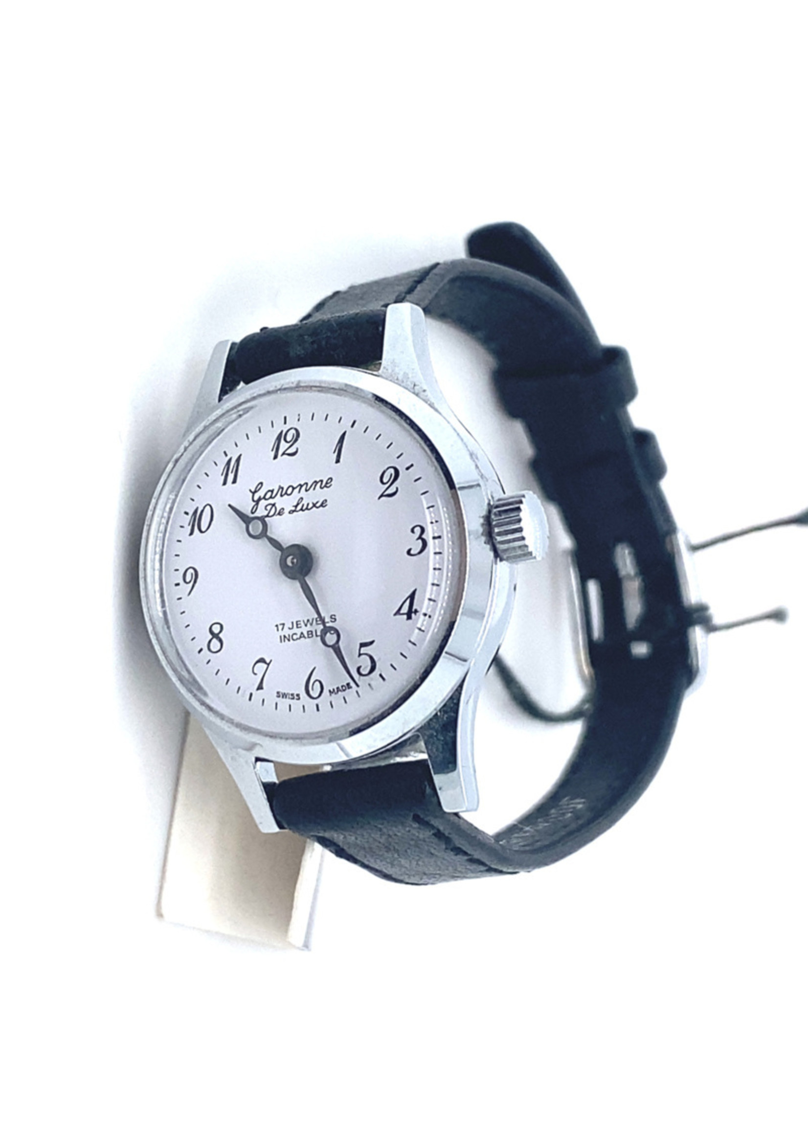 Vintage & Occasion Occasion nieuw Garonne herenpols horloge met zwarte lederen band