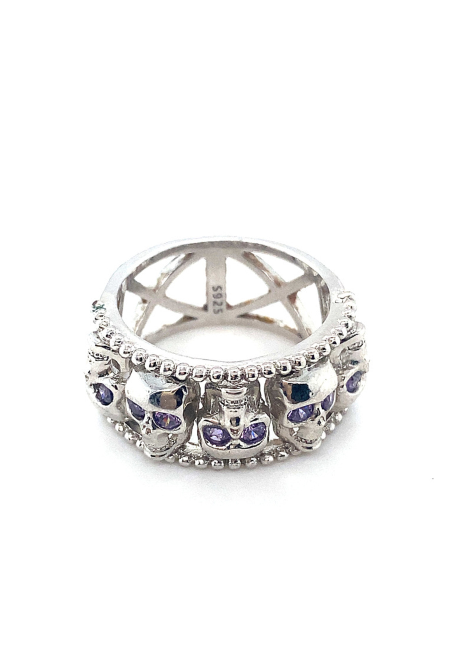 Vintage & Occasion Zilveren ring met doodshoofden ( skull) en paarse steentjes