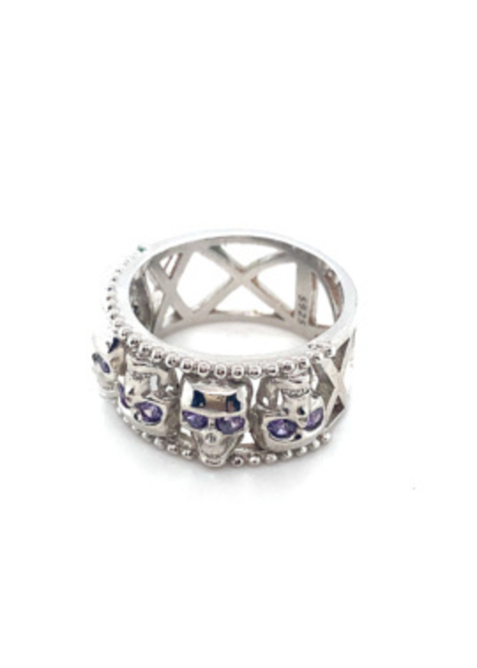 Vintage & Occasion Zilveren ring met doodshoofden ( skull) en paarse steentjes
