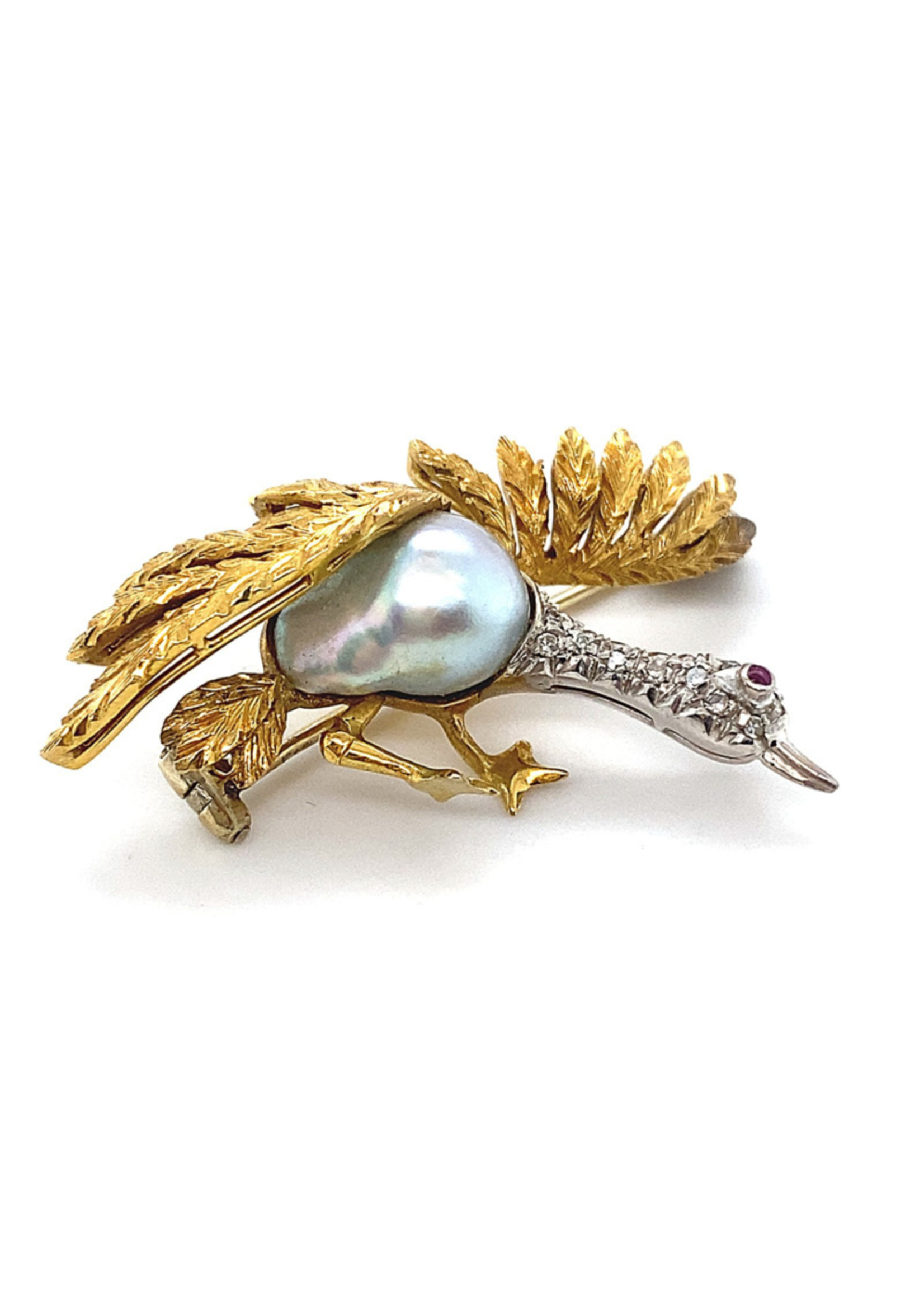 Vintage & Occasion Occasion 18K gouden vogel broche met Zuidzee parel en diamant