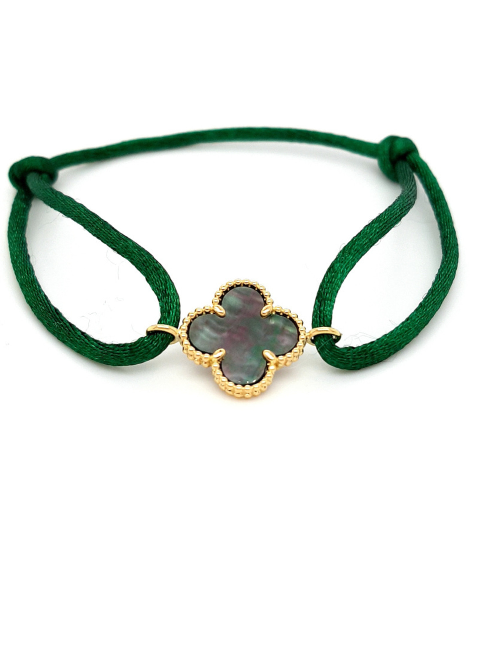 Vintage & Occasion Armband satijn groen met parelmoer klaver en goud