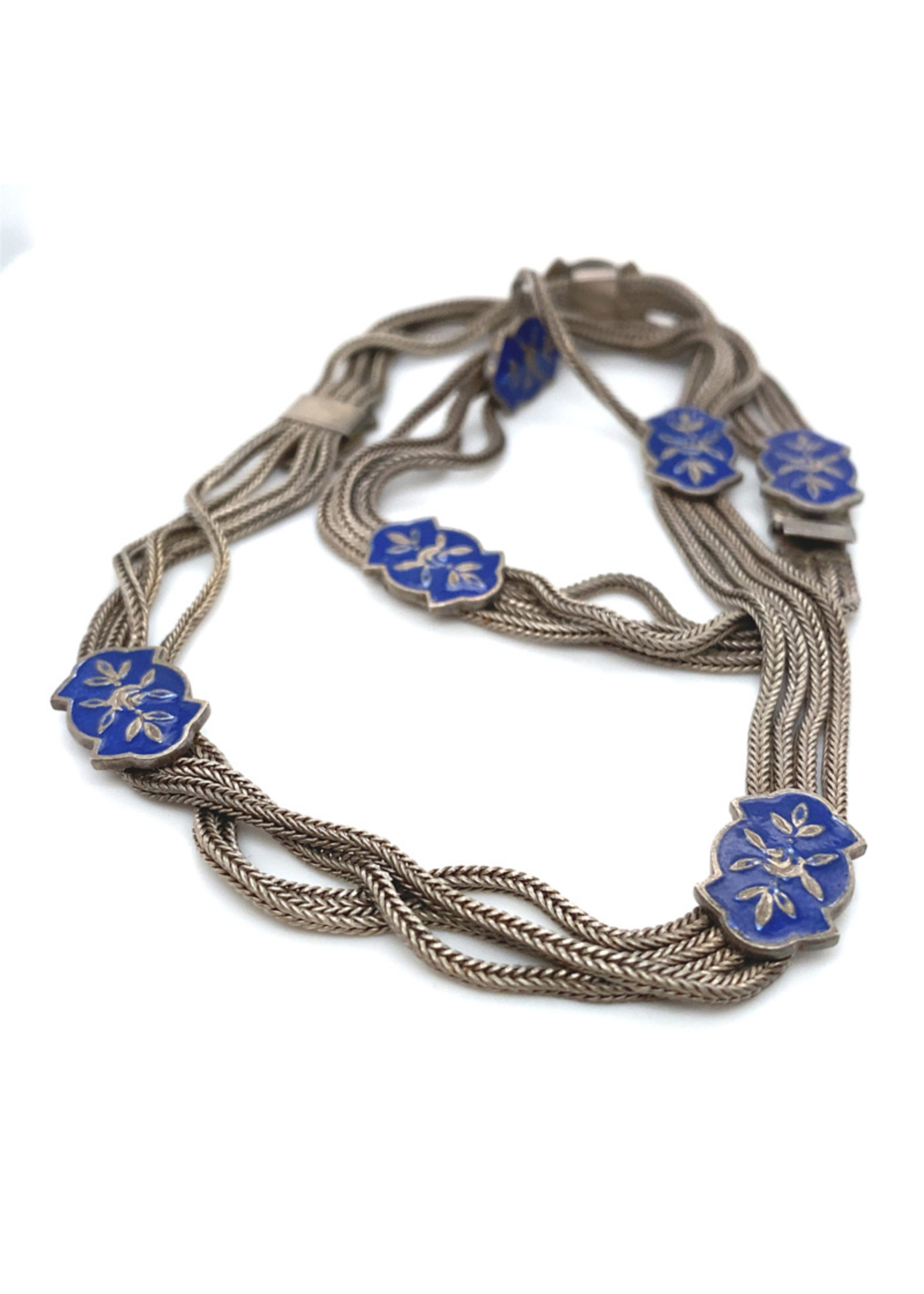 Vintage & Occasion Occasion zilveren collier met blauwe emaille ornamenten