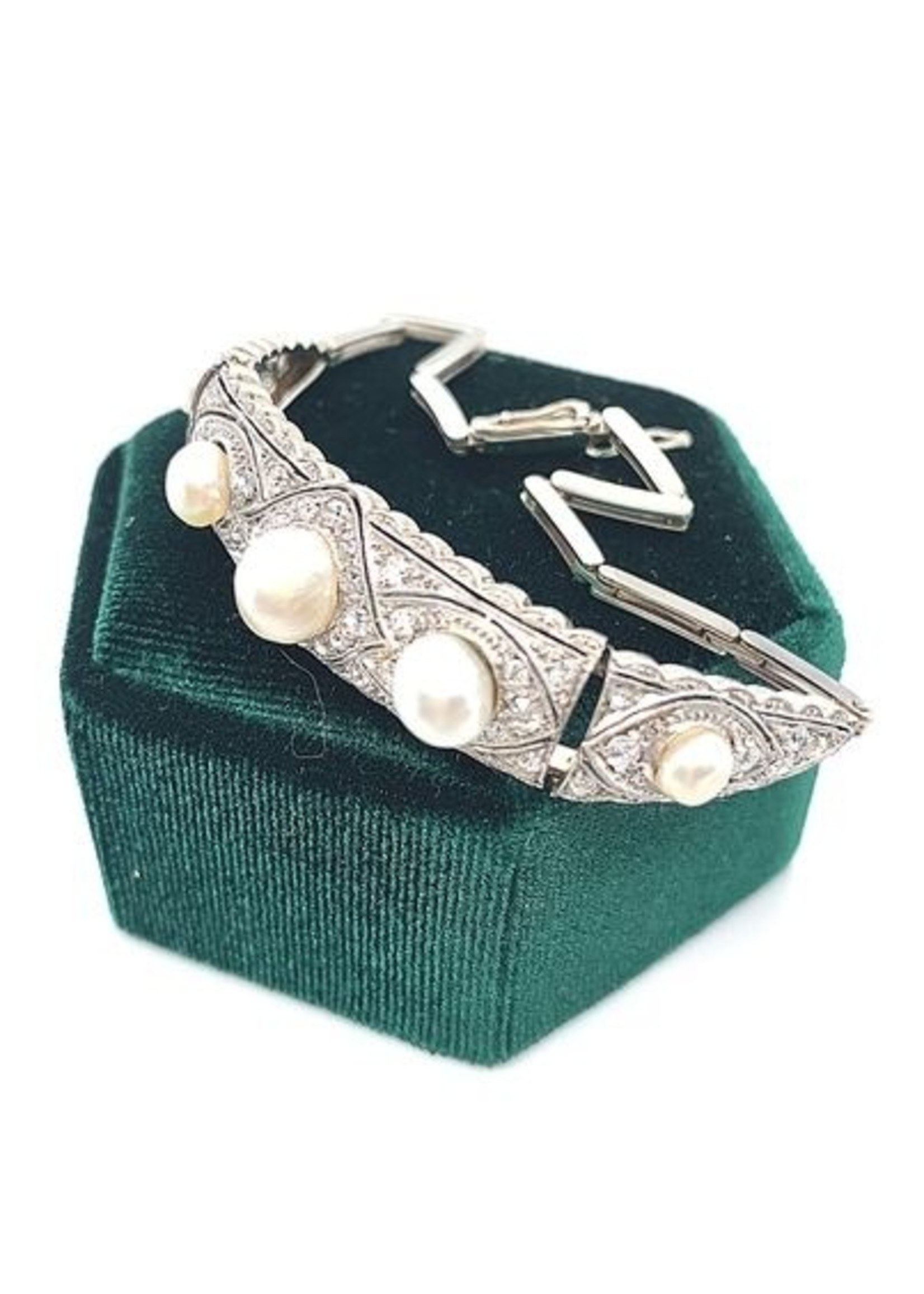 Vintage & Occasion Occasion witgouden schakelarmband met diamant en parels