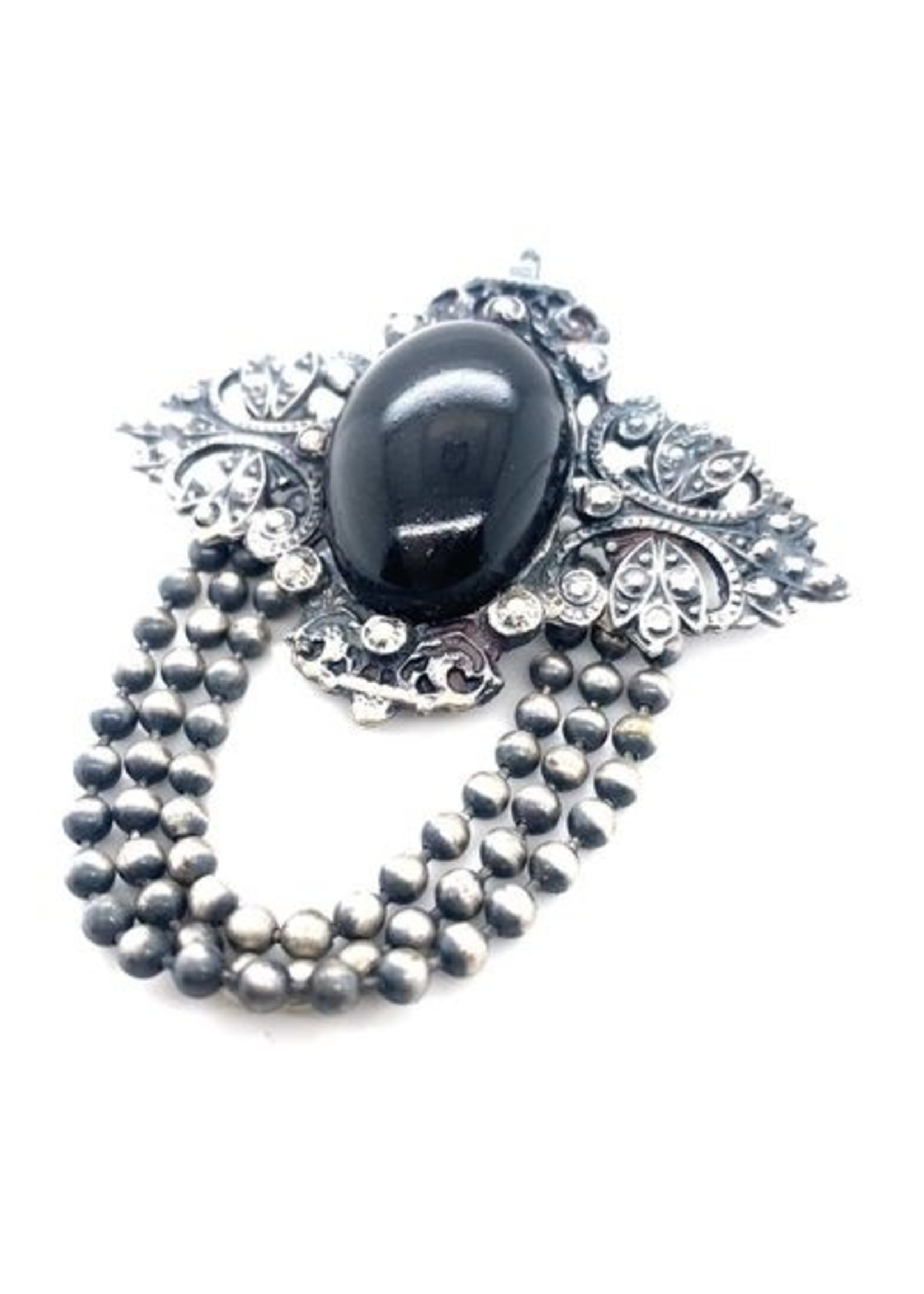 Vintage & Occasion Occasion onedele broche met zwarte steen en kettinkjes