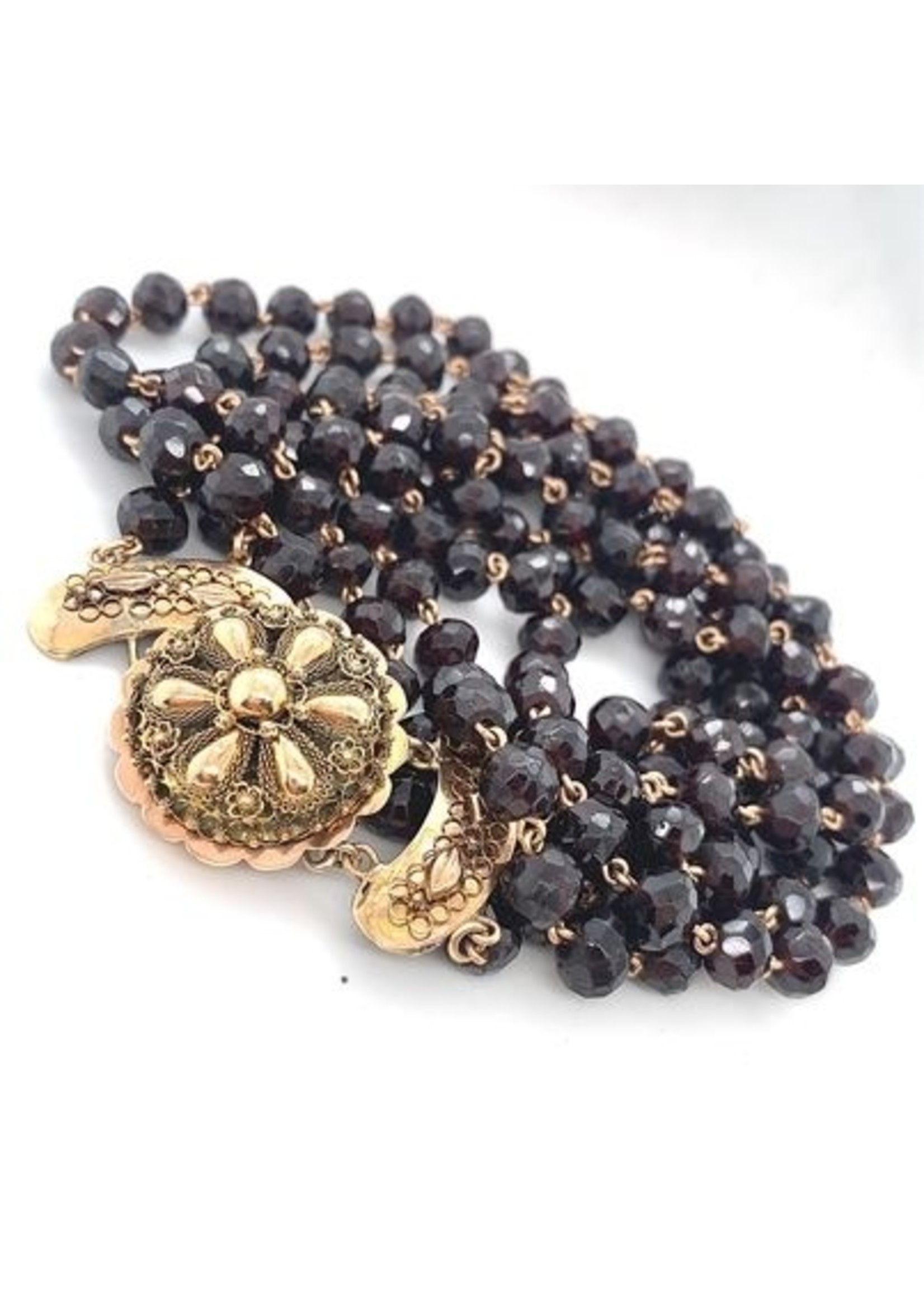 Vintage & Occasion Occasion dubbelzijdig granaat collier met grote geelgouden sluiting