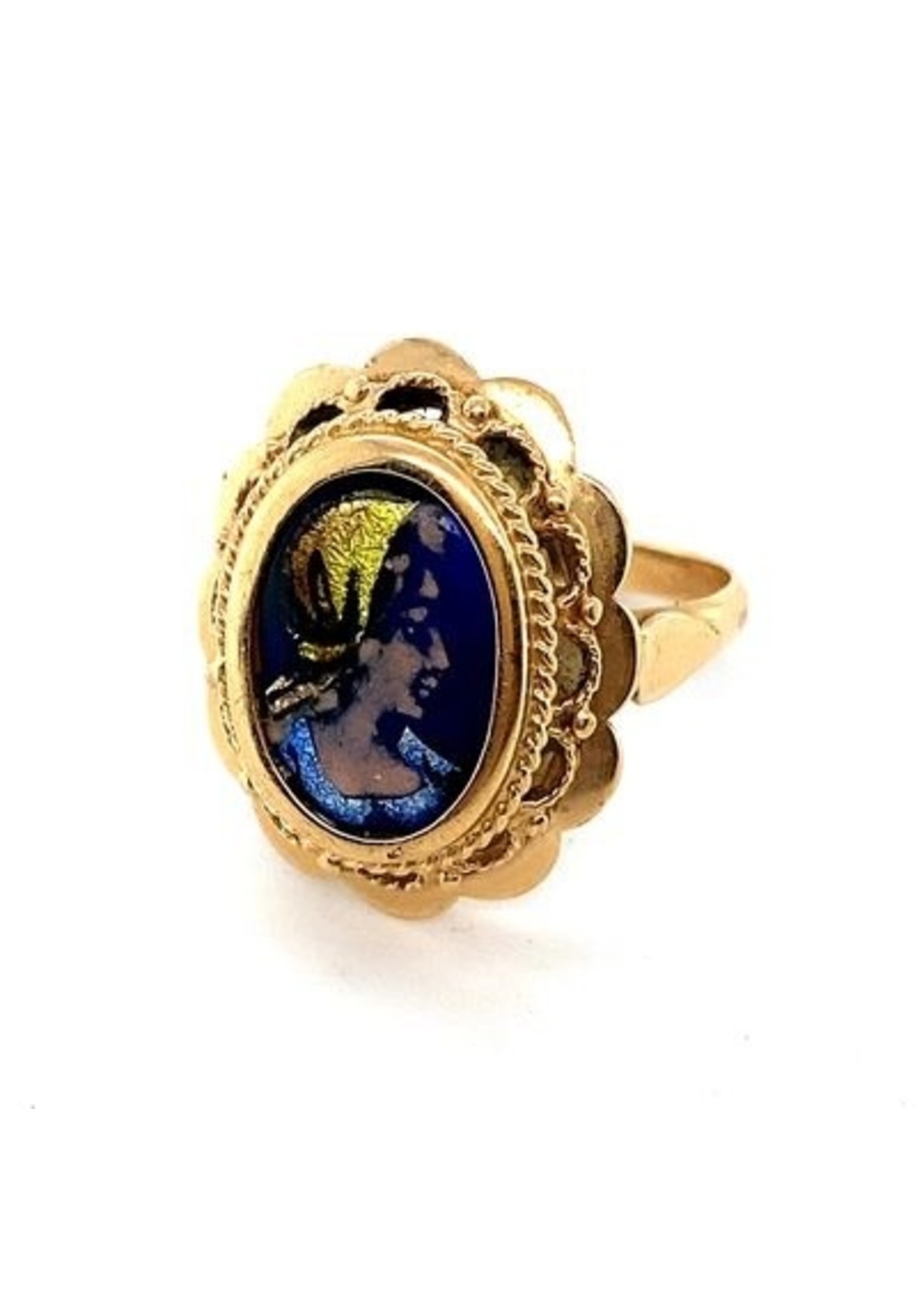 Vintage & Occasion Occasion gouden ring met blauw en gele emaille camee