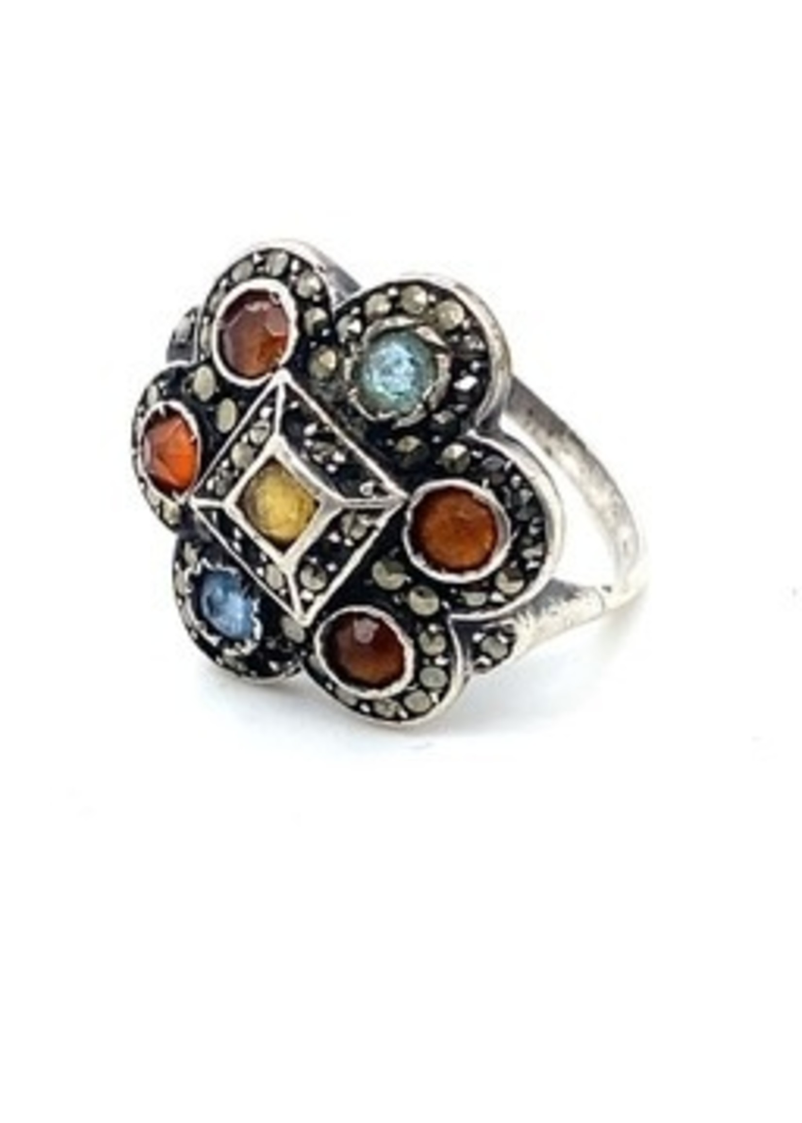 Vintage & Occasion Occasion zilveren ring met markasiet en 7 gekleurde edelstenen