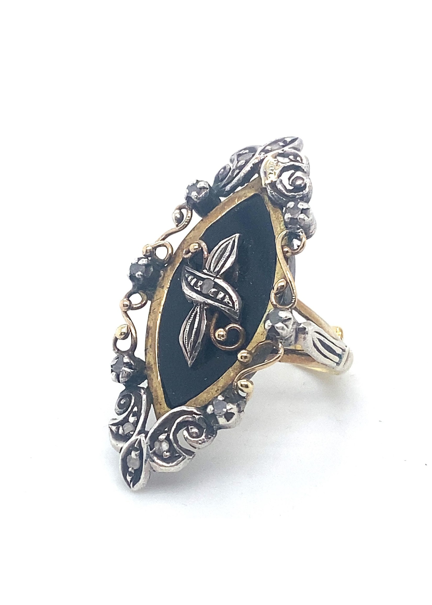 Vintage & Occasion Vintage zilver met gouden ring diamant en onyx