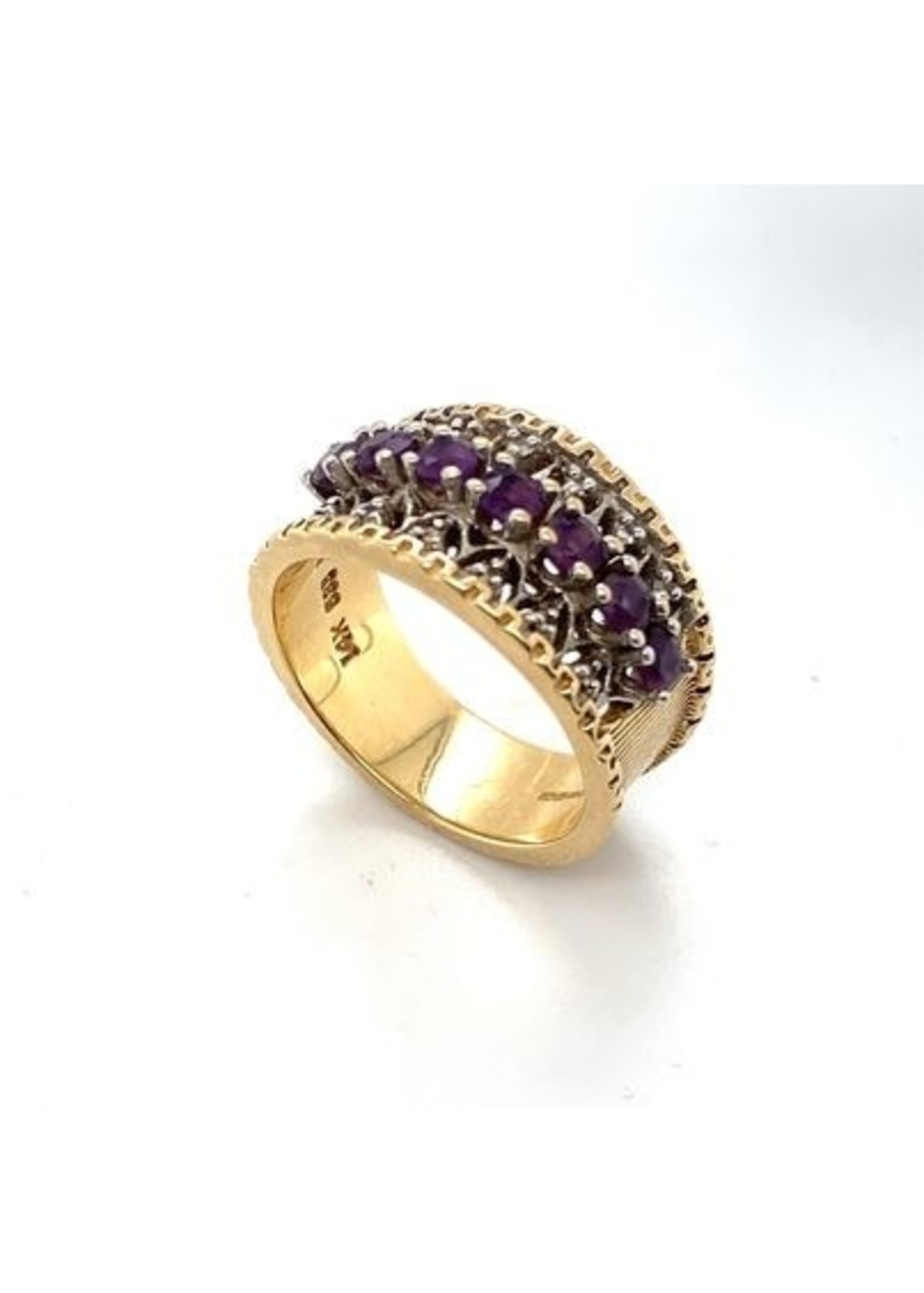 Vintage & Occasion Occasion bicolor gouden opengewerkte ring met 7 roze robijnen en diamantjes