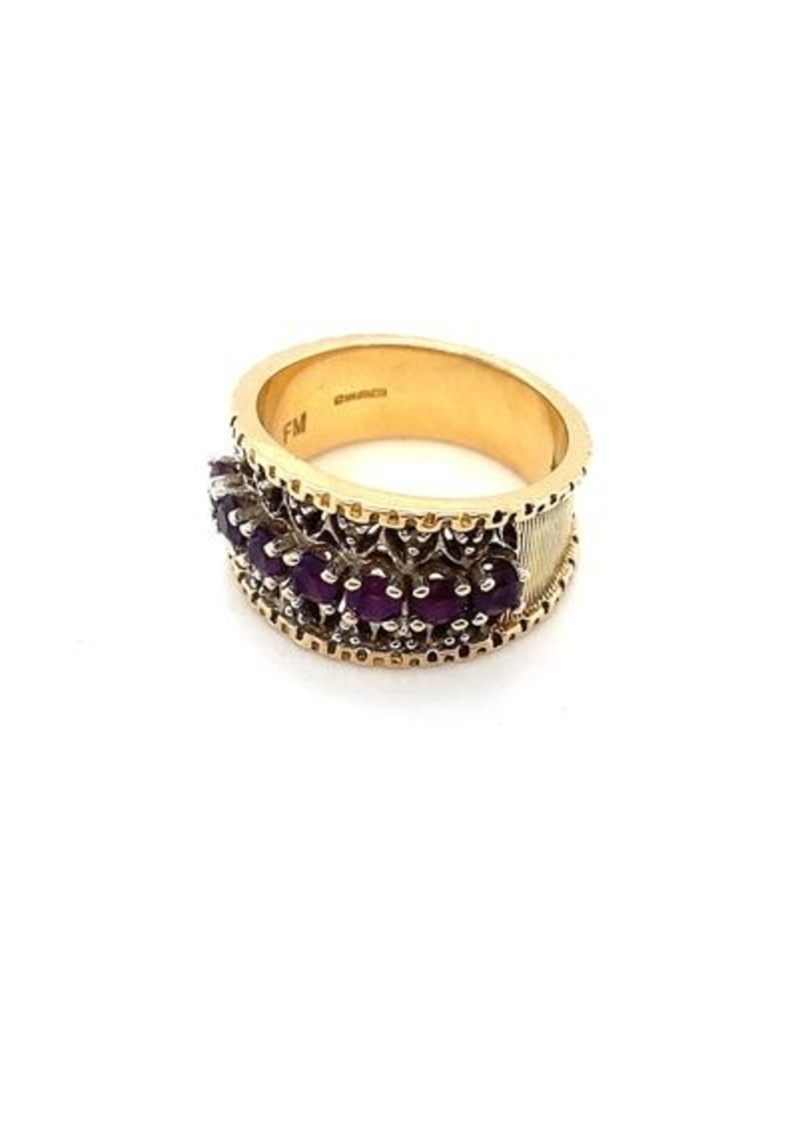 Vintage & Occasion Occasion bicolor gouden opengewerkte ring met 7 roze robijnen en diamantjes