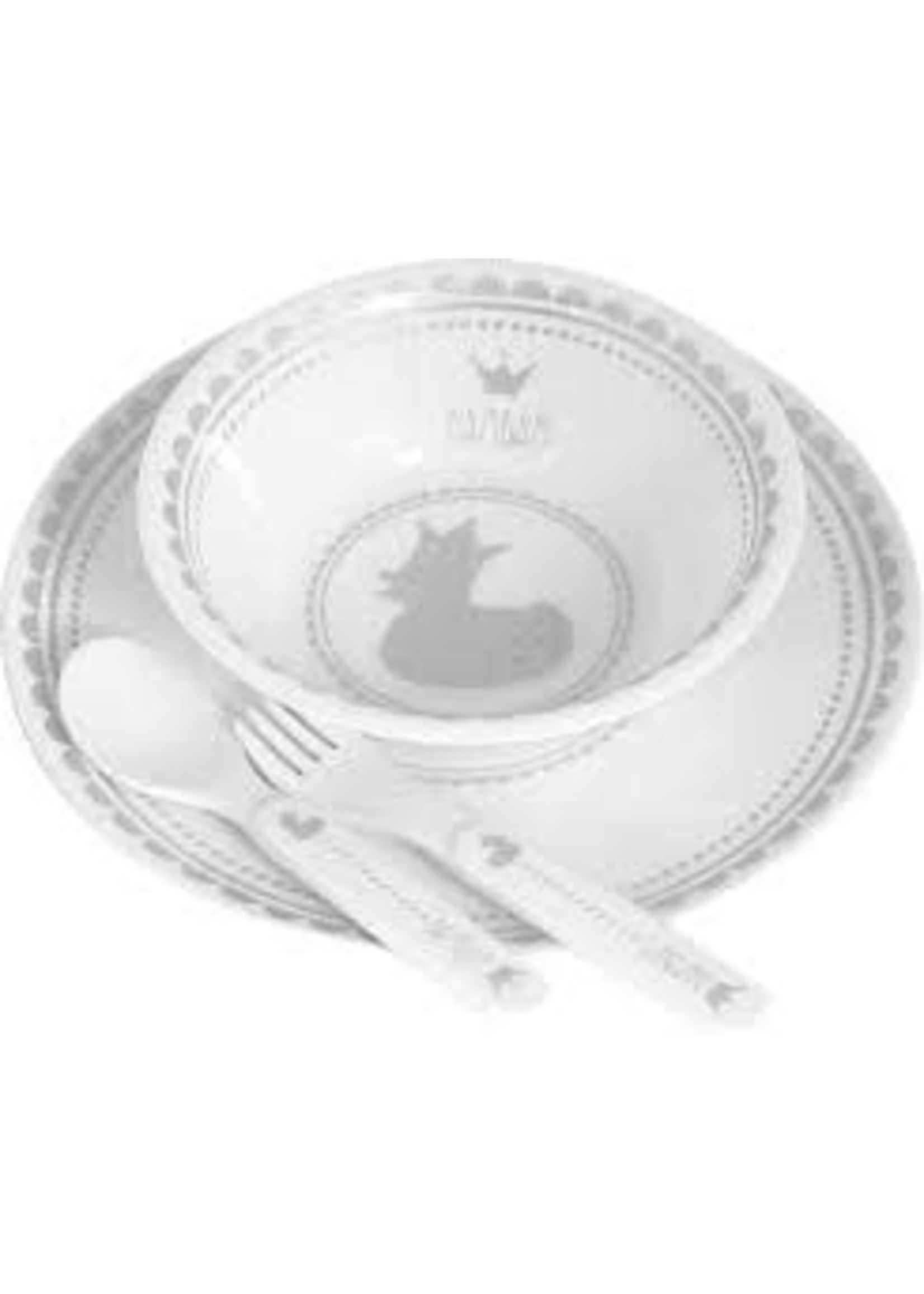 bambam Bambam dinnerset - bord, kom, vork & lepel - wit/grijs - baby cadeau