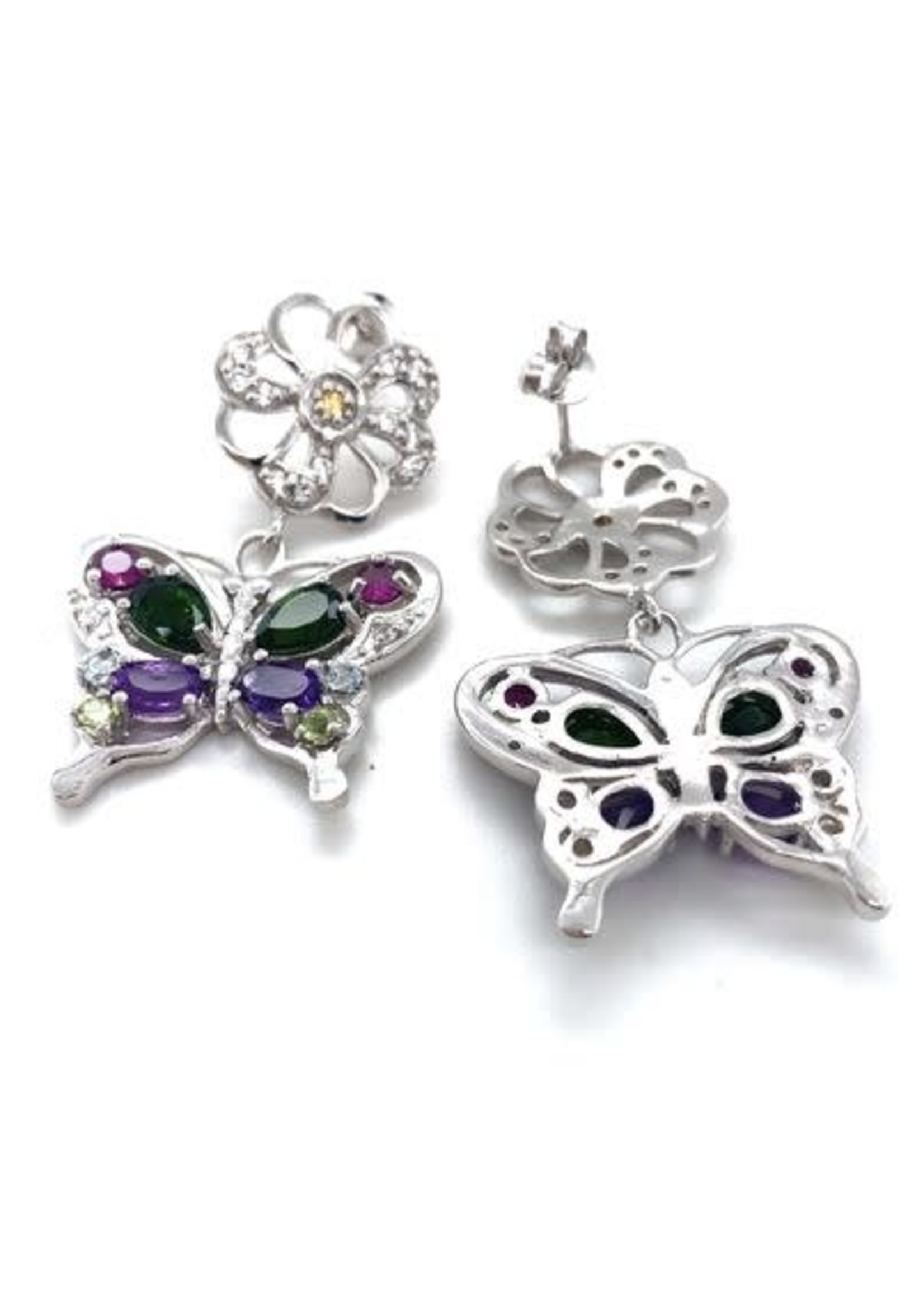 Cataleya jewels Gerhodineerd zilveren vlinder oorhangers met toermalijn en amethist