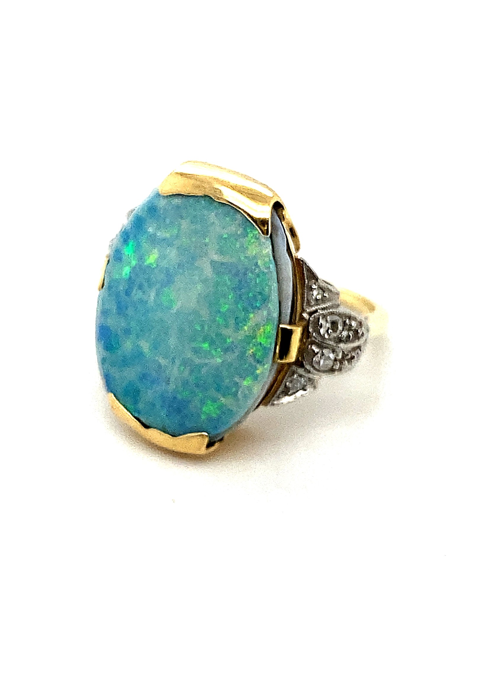 Vintage & Occasion 14krt gouden opaal ring met diamanten (achtkantjes)