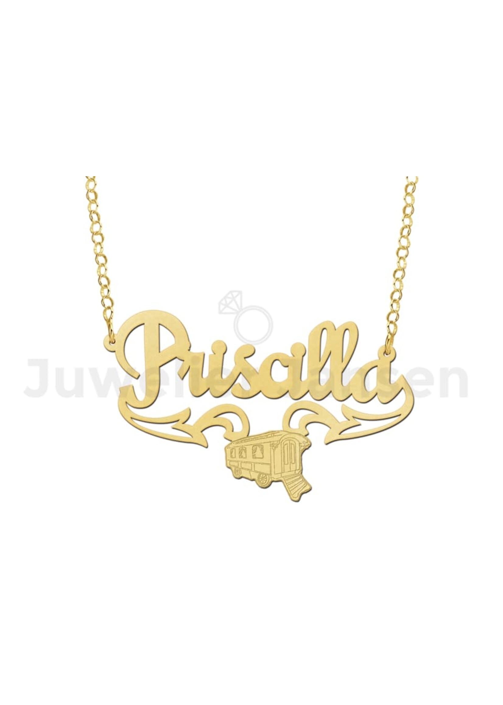 travellersluxury Travellers Luxury - Zilveren goldplated naamketting Priscilla met woonwagen