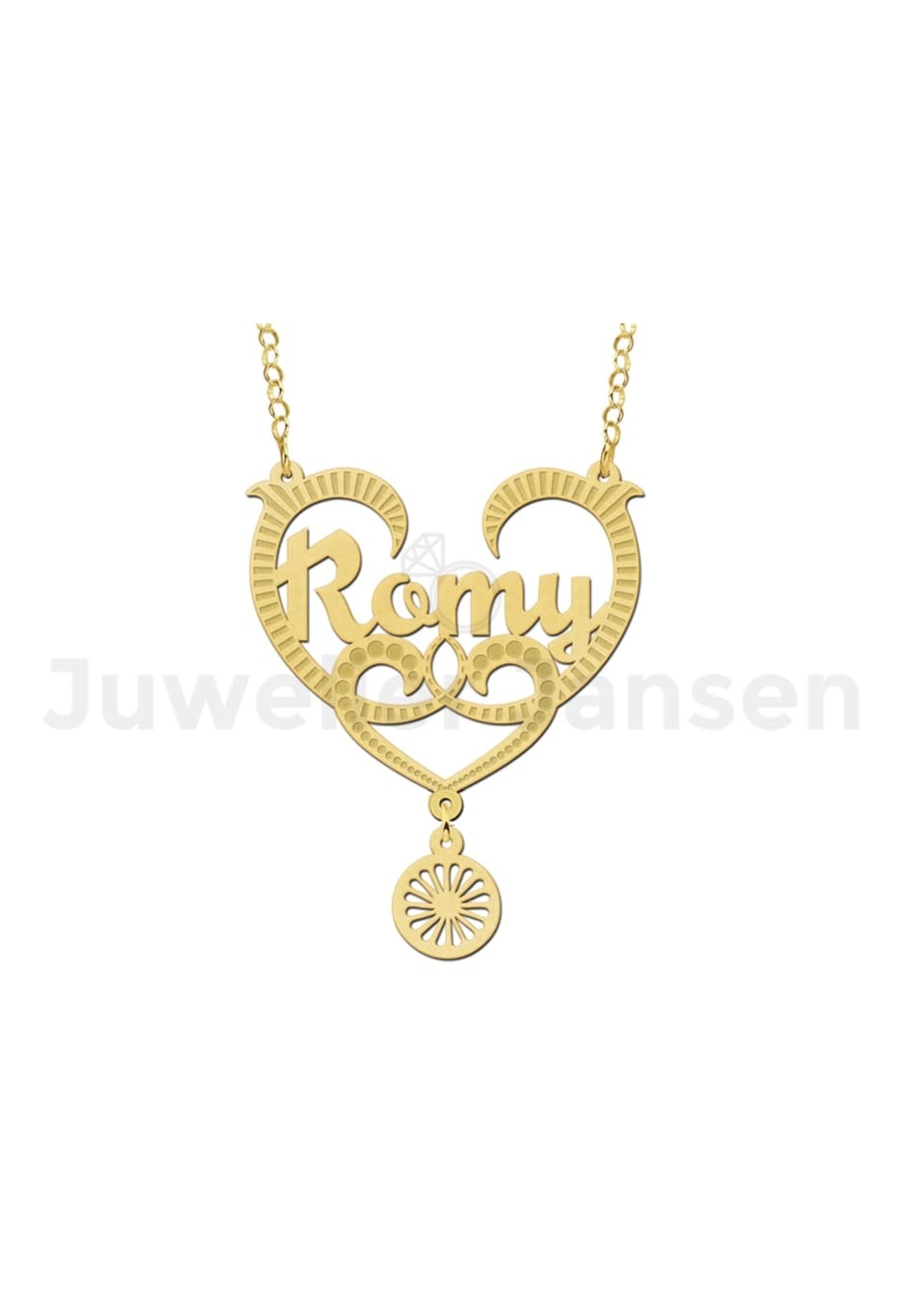 travellersluxury Travellers Luxury - Zilveren goldplated naamketting Romy met woonwagen wiel