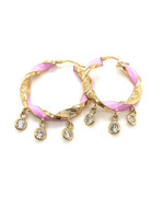 Cataleya jewels Geelgouden 14 k creolen medium maat met roze emaille en zirkonia