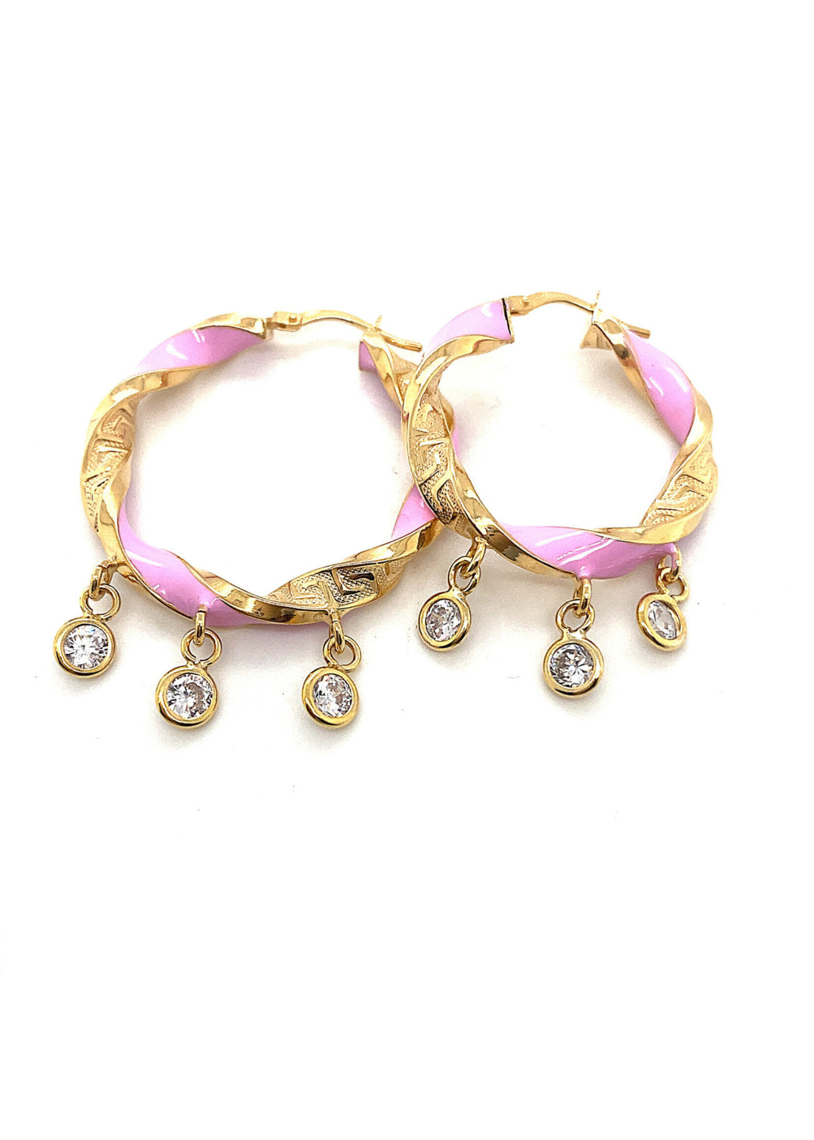 Cataleya jewels Geelgouden creolen middel met roze emaille en zirkonia