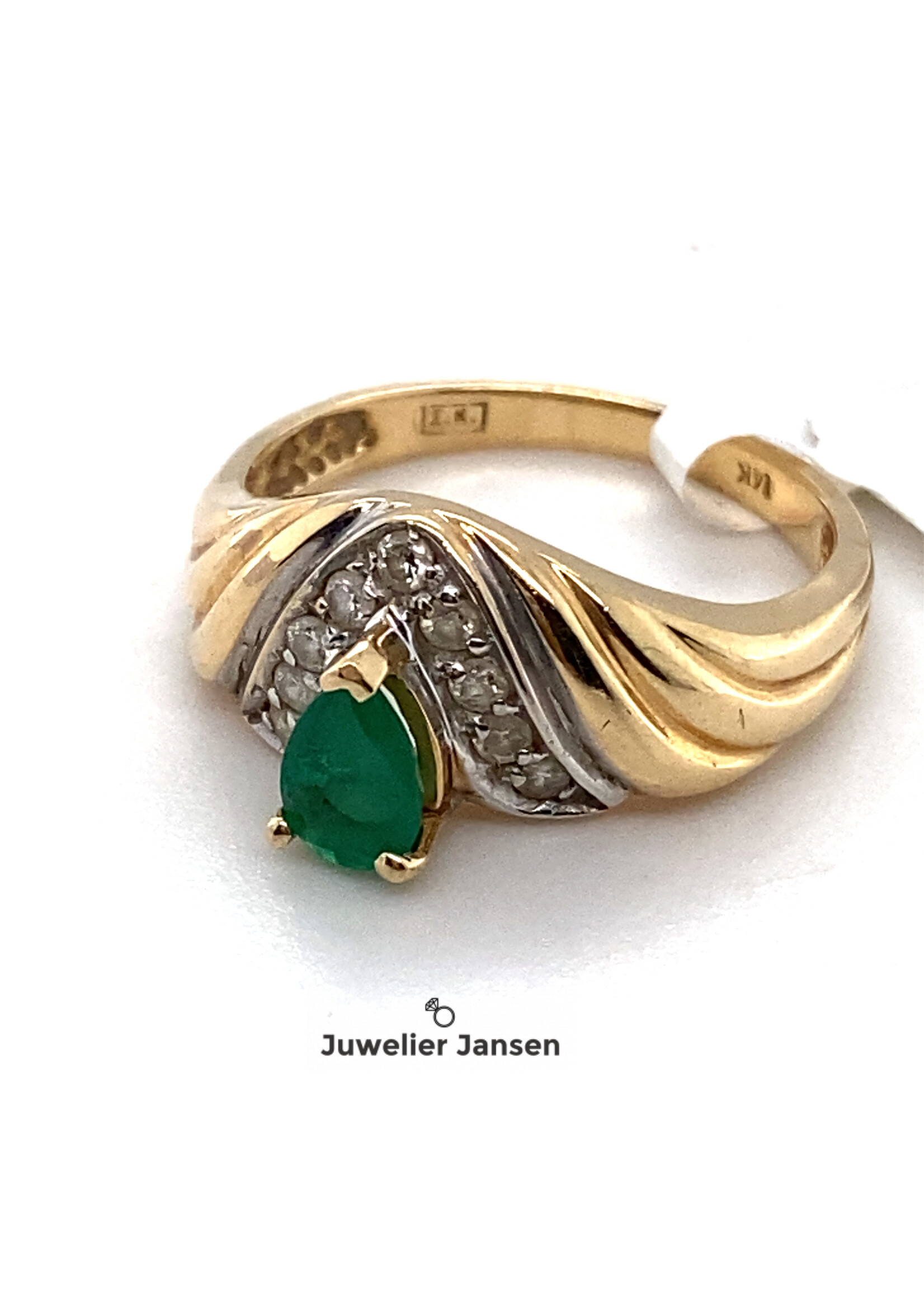 Vintage & Occasion Geelgouden ring met smaragd en briljant