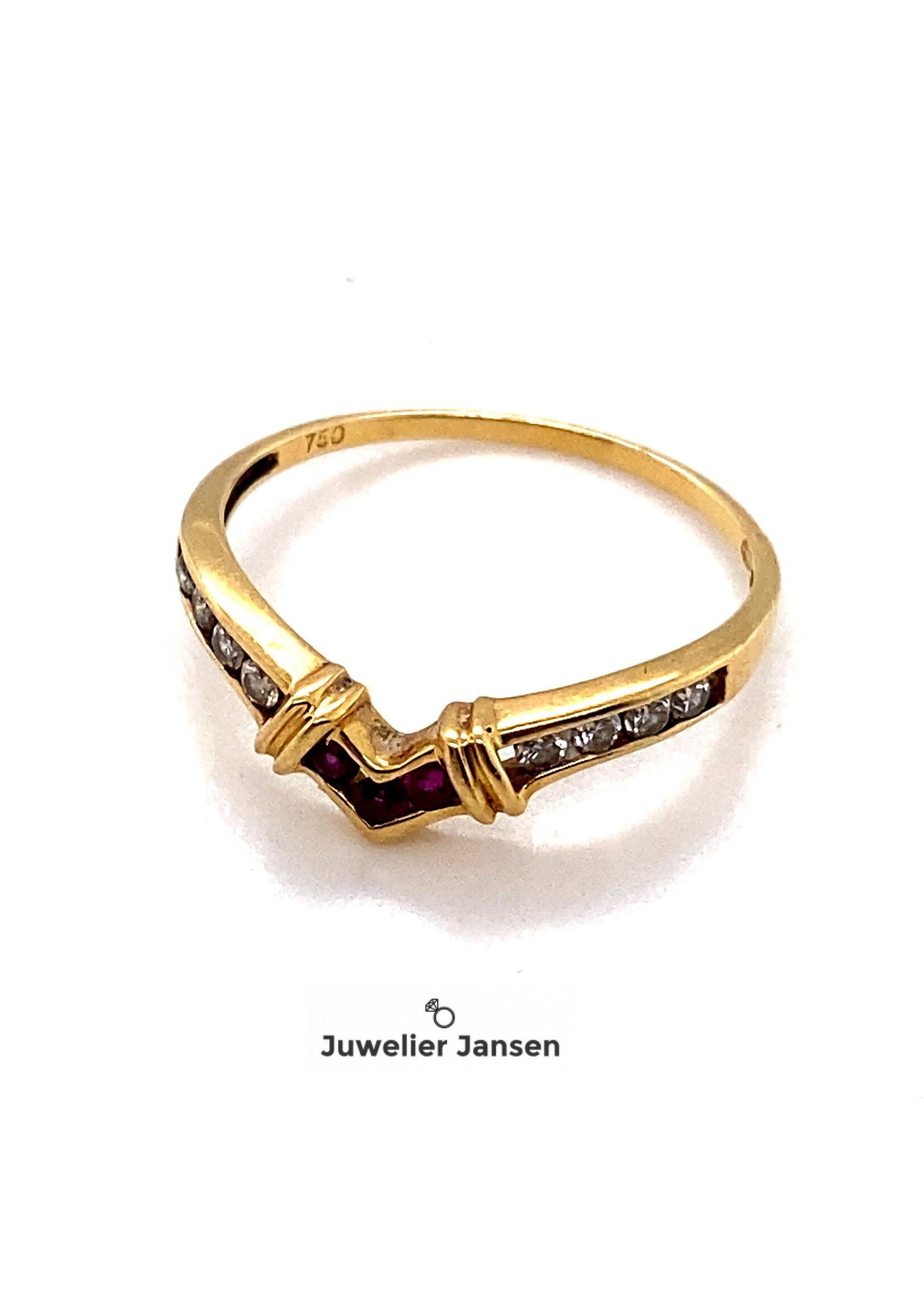 Vintage & Occasion Geelgouden ring met briljant en robijn in een v