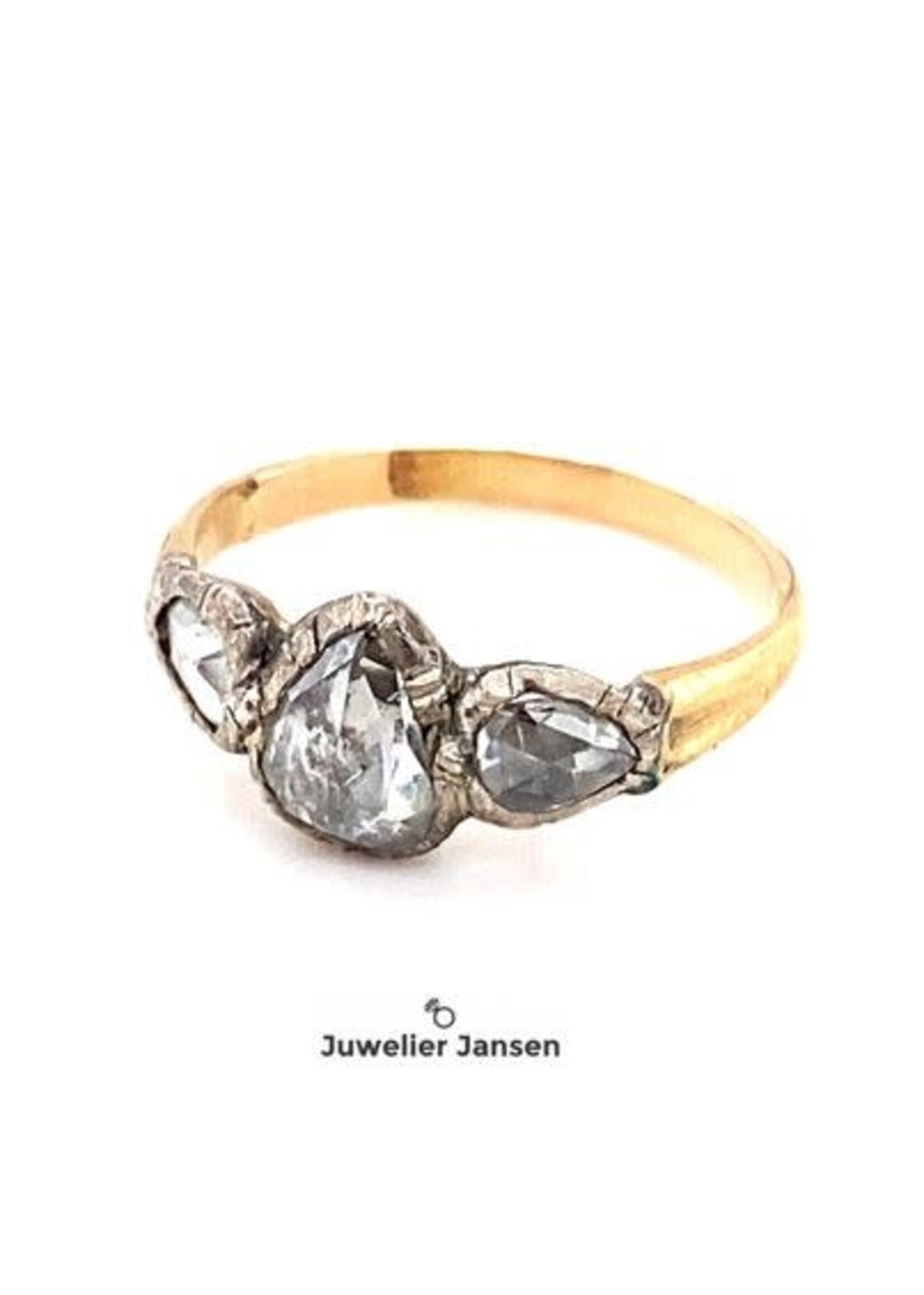 Vintage & Occasion Occasion gouden ring met 3 roosdiamanten in zilveren zetting