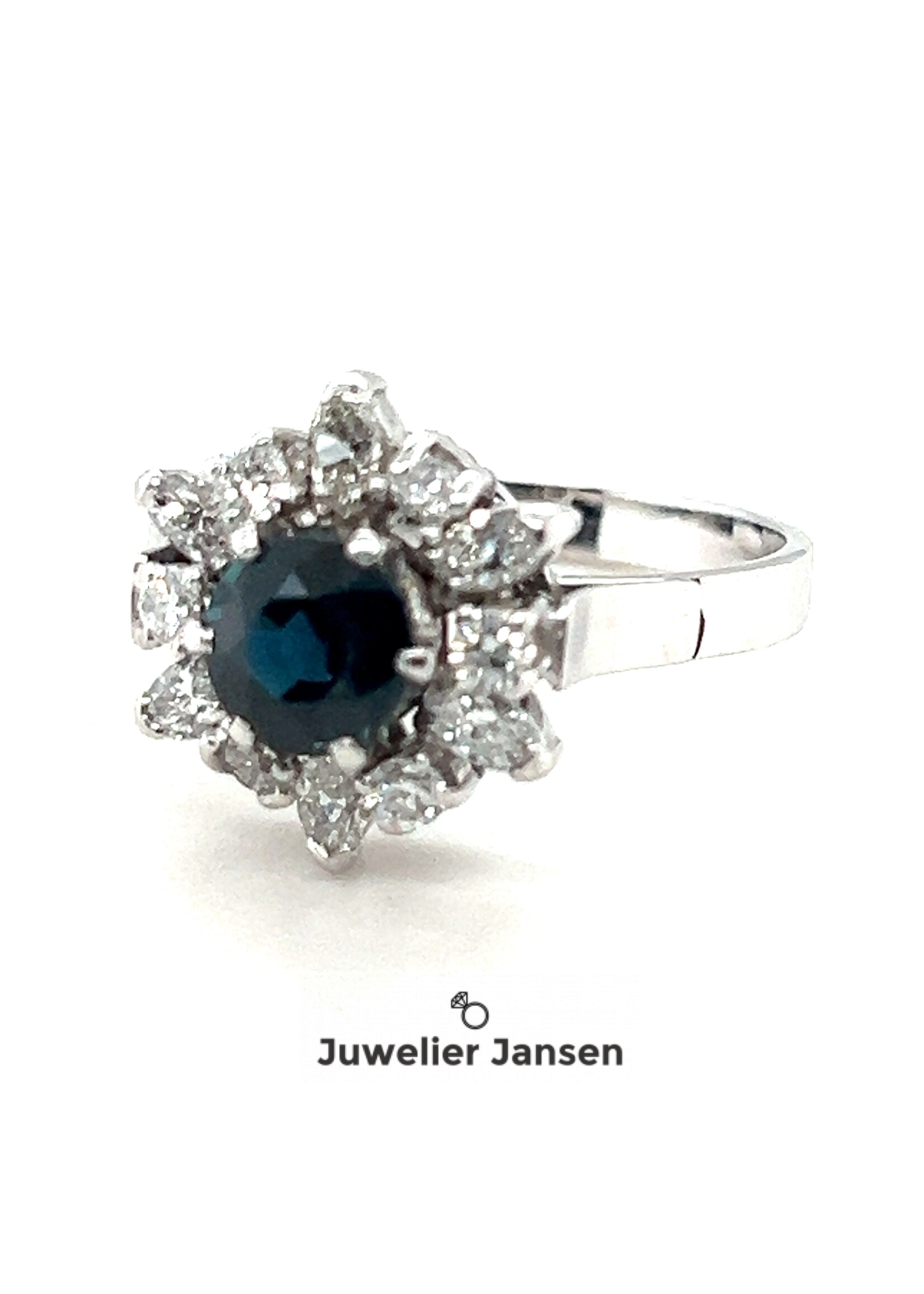 Vintage & Occasion Witgouden ring met briljant en saffier