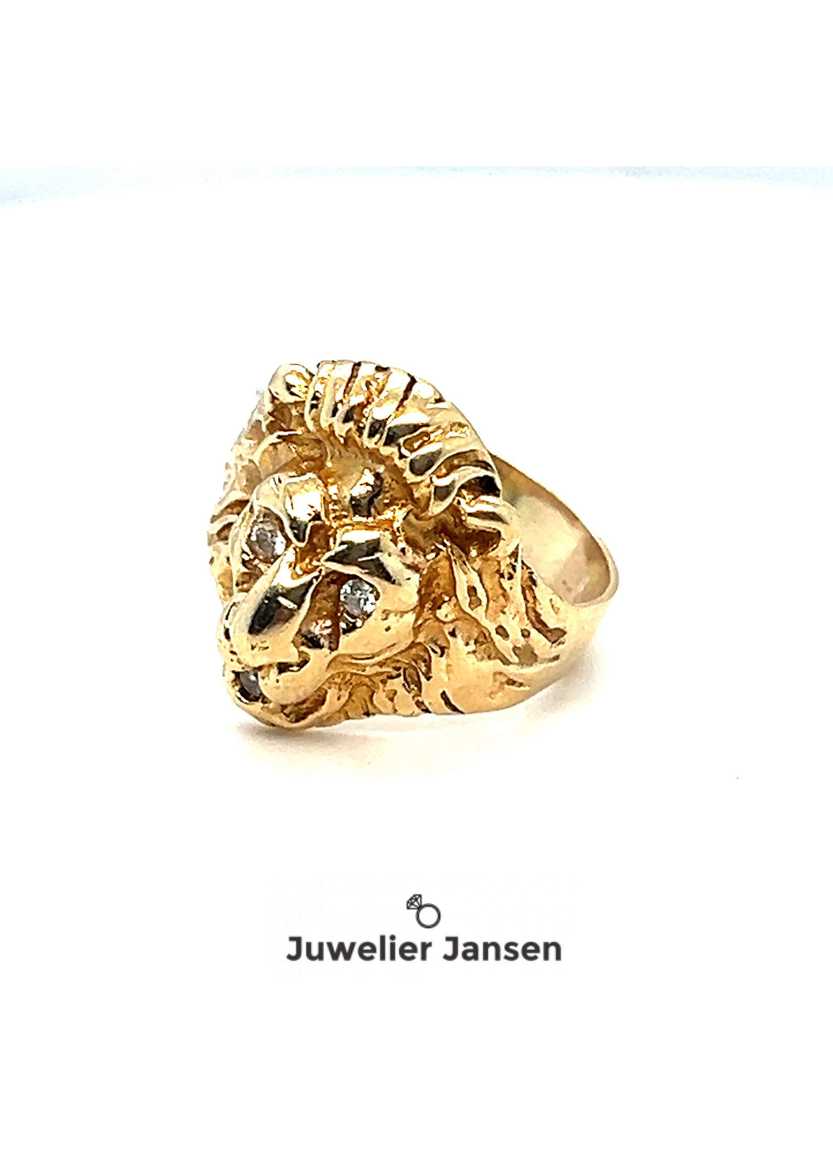 Vintage & Occasion Geelgouden ring met leeuw met zirkonia