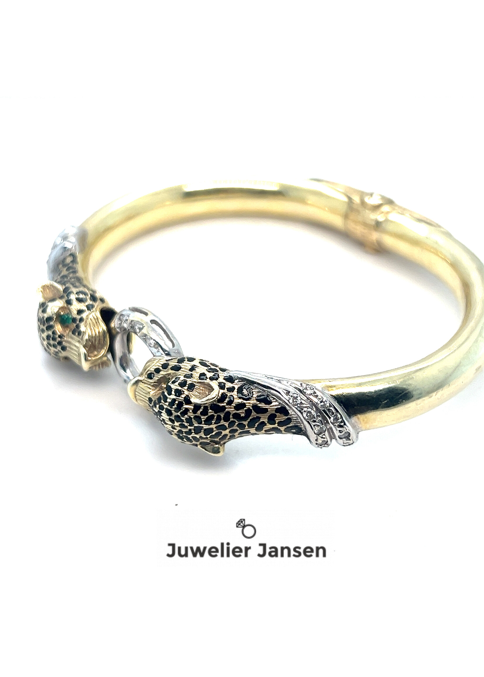 Vintage & Occasion Geelgouden armband bangle  panters met briljant en smaragd