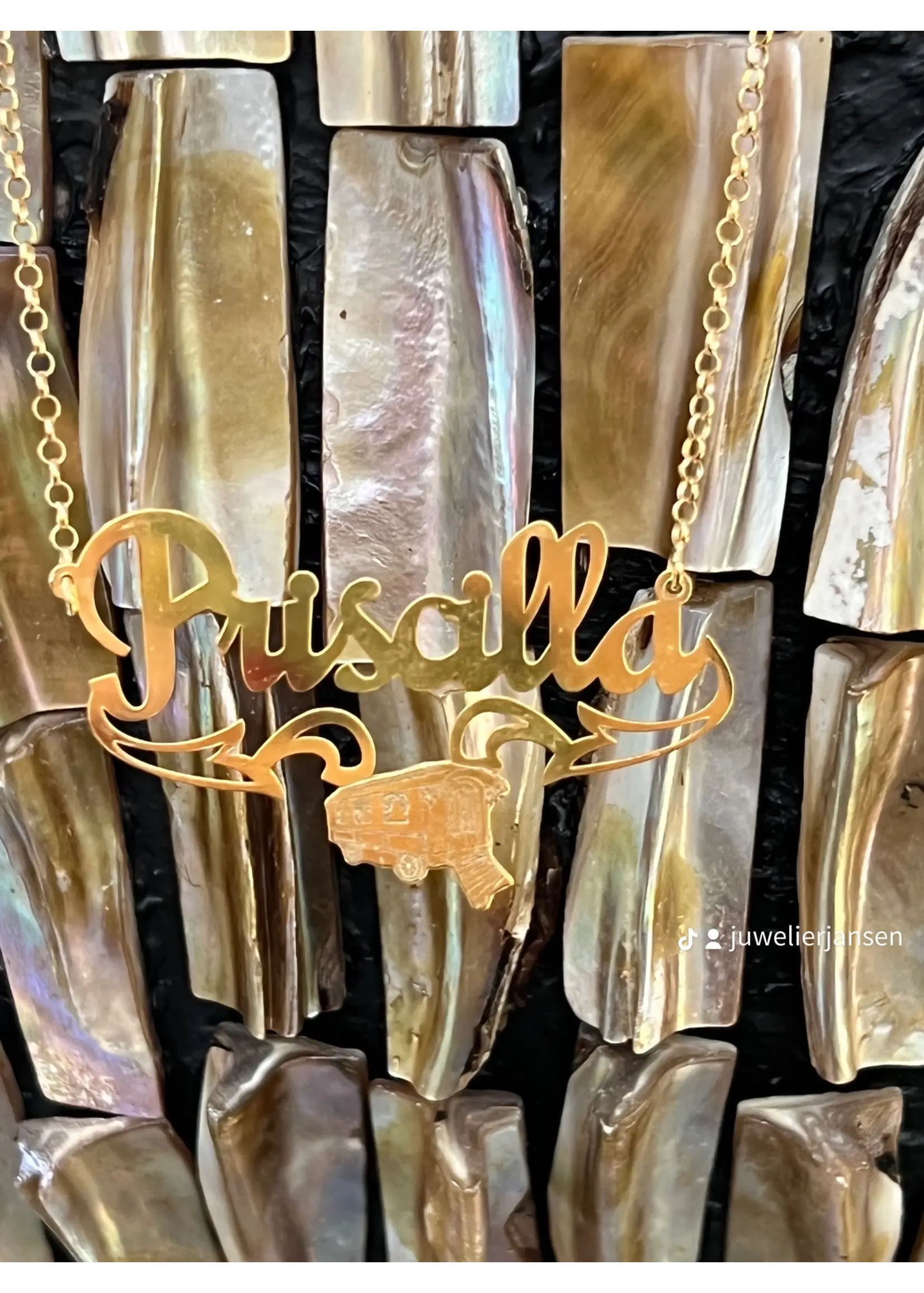 travellersluxury Travellers Luxury - Zilveren goldplated naamketting Priscilla met woonwagen