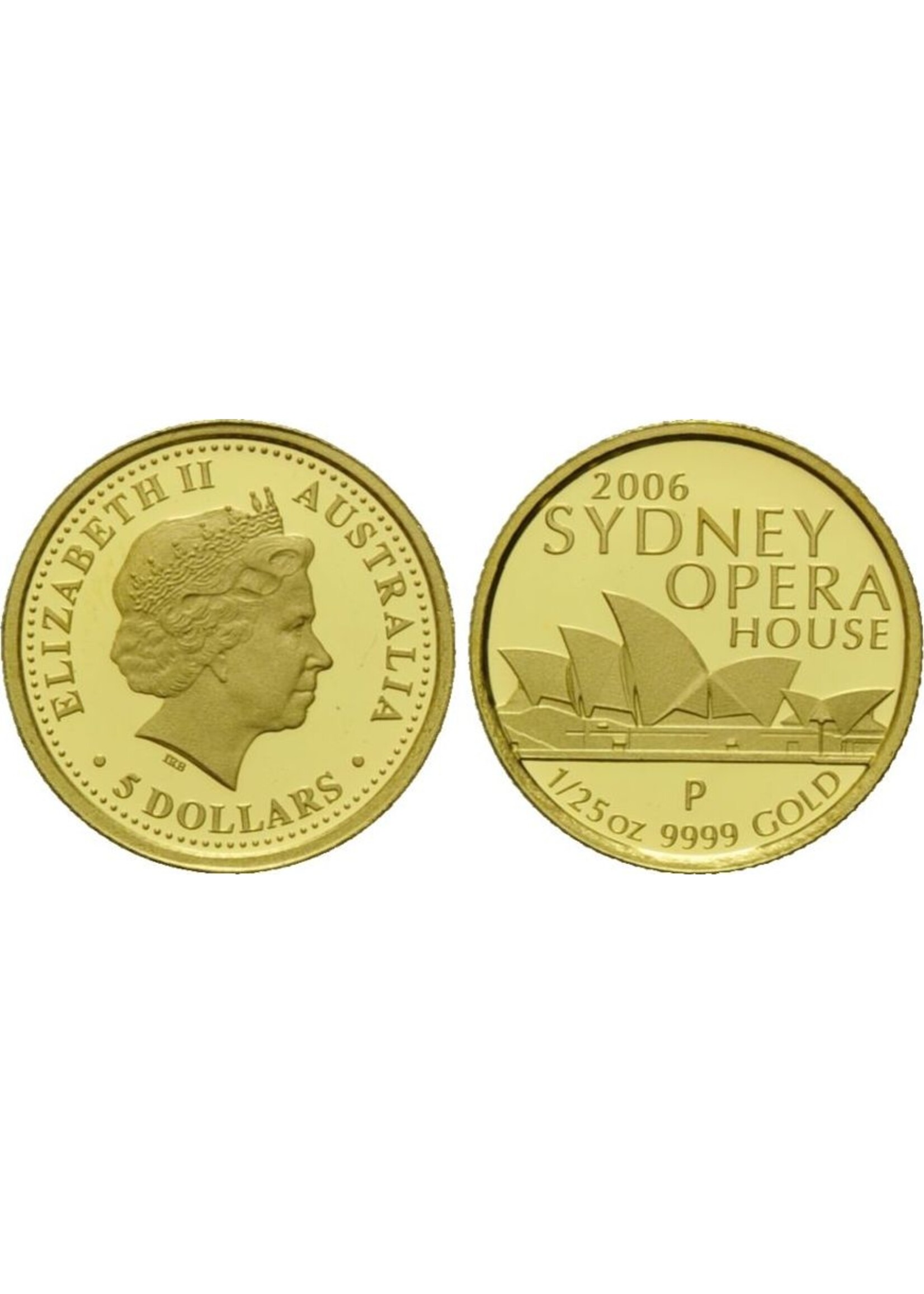 Vintage & Occasion Gouden muntje Australie, 5 Dollars Gold 2006 P, 1/25 Unze, Sydney Opera House, Elisabeth II, Proof