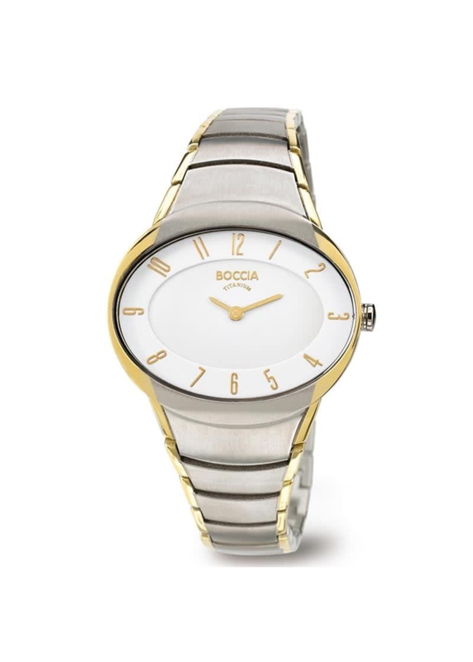 Vintage & Occasion BOCCIA TITANIUM 3165-11 - STIJLVOL DAMESHORLOGE MET OVALE TITANIUM KAST EN WITTE WIJZERPLAAT - Ø 36 MM