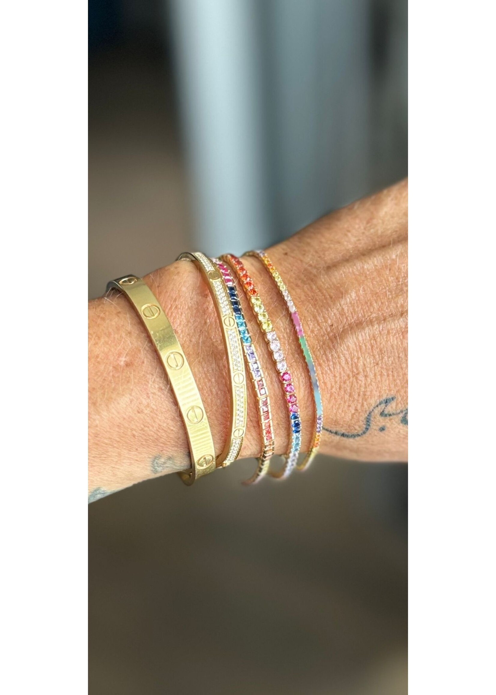 Cataleya jewels Geelgouden tennisarmband multicolor vierkanten steentjes prinses 14k goud