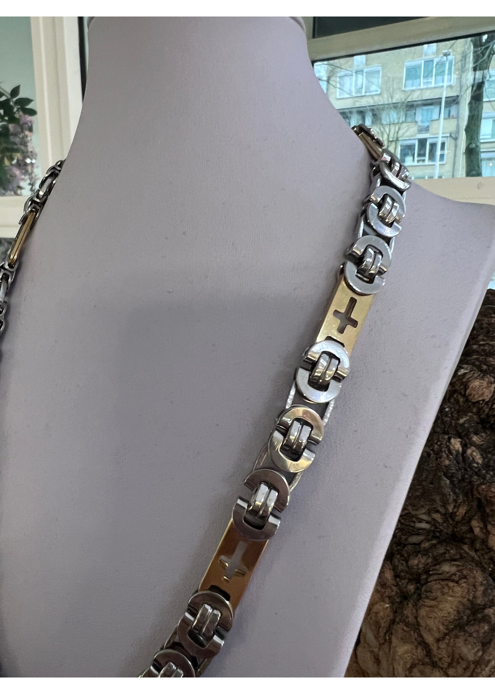 Cataleya jewels Stalen collier platte Konings ketting met kruizen - lengte 60 cm