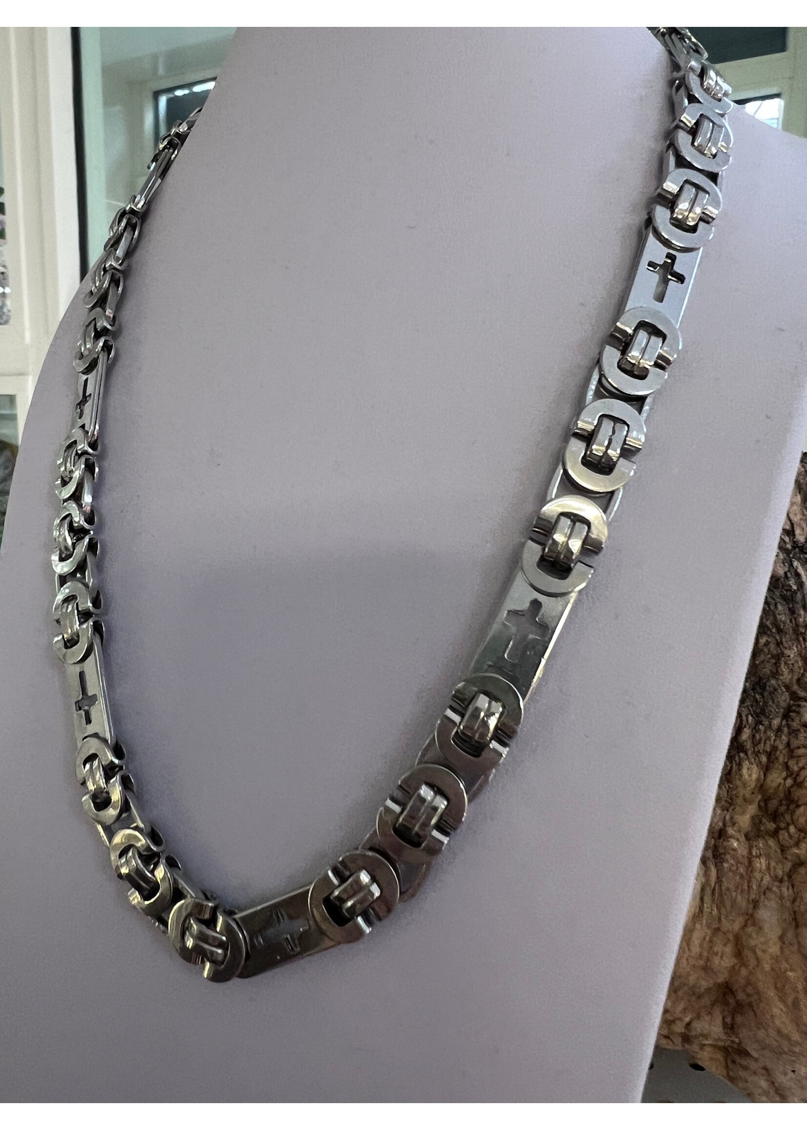 Stalen collier Konings schakel met kruizen - lengte 60cm