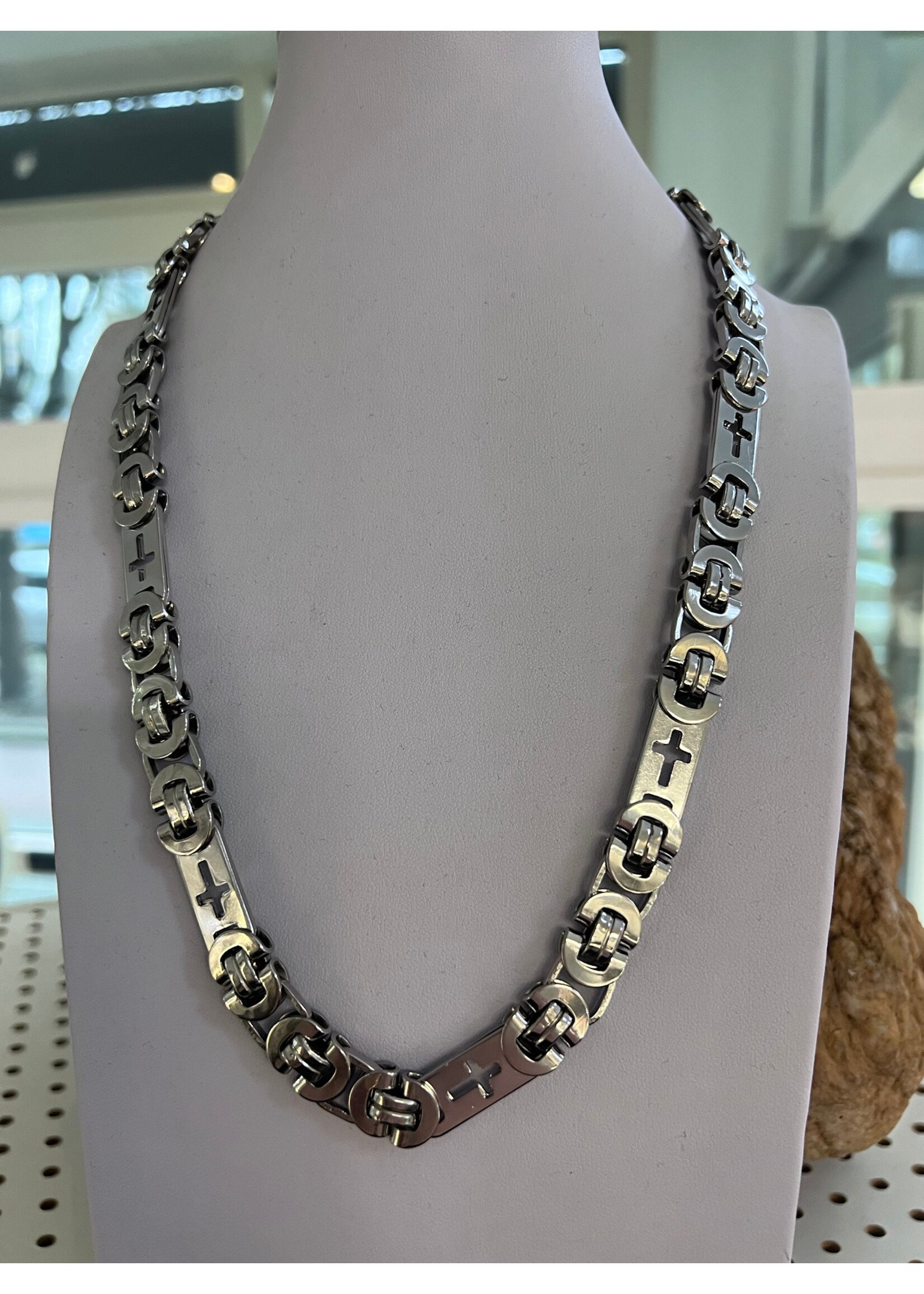 Stalen collier Konings schakel met kruizen - lengte 60cm