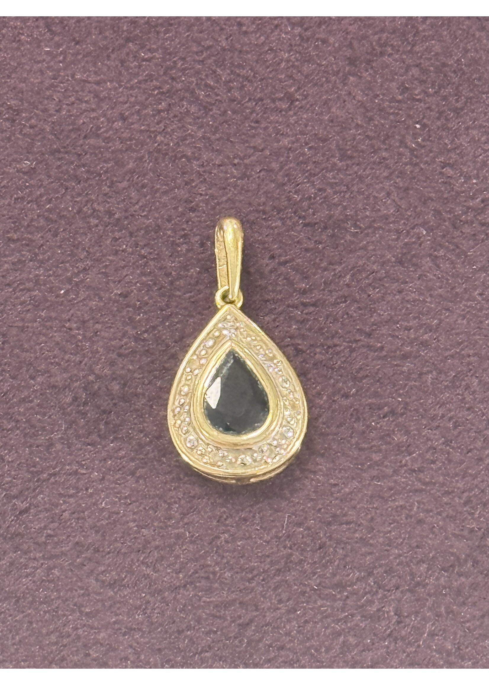 Vintage & Occasion Geelgouden hanger met saffier en briljant in druppelvorm