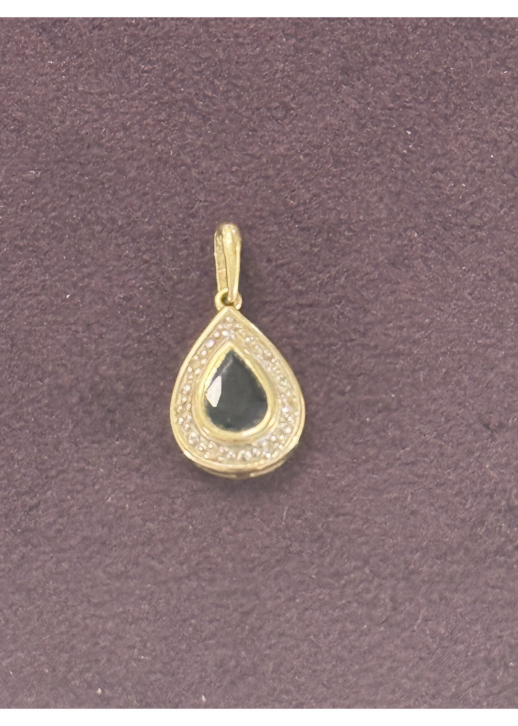 Vintage & Occasion Geelgouden hanger met saffier en briljant in druppelvorm