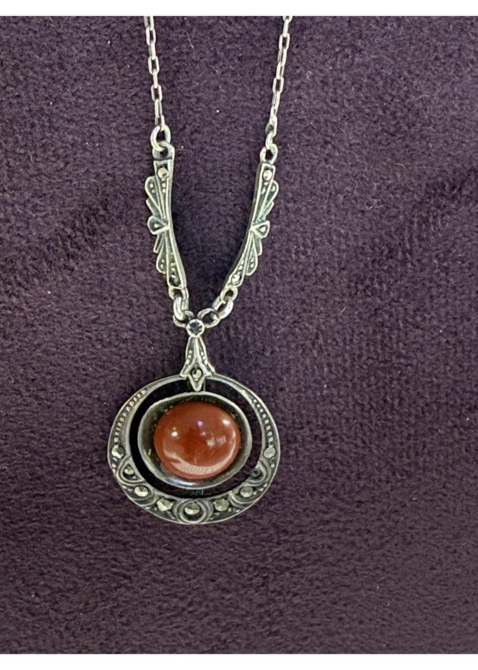 Vintage & Occasion Zilveren  collier met agaat en markasiet - lengte 45 cm