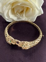 Vintage & Occasion Geelgouden 14k  armband panters 3d met groene edelsteen ogen