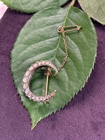 Vintage & Occasion Gouden broche  maan met roos diamant