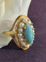 Vintage & Occasion Geelgouden ring met parels en turkoois - maat 17.5