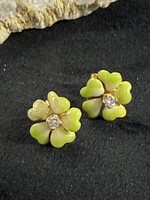 Vintage & Occasion Geelgouden 18k groene emaille bloem oorbellen met briljant