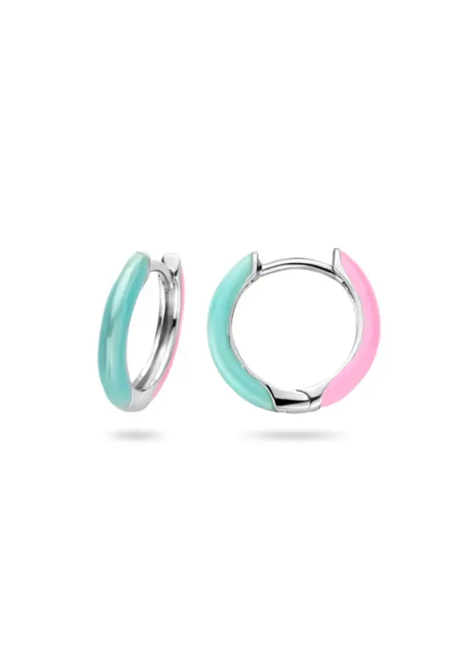 Cataleya jewels Gerhodineerd Zilveren Klapoorringen Turqoise en Lila emaille - Diameter 15 mm