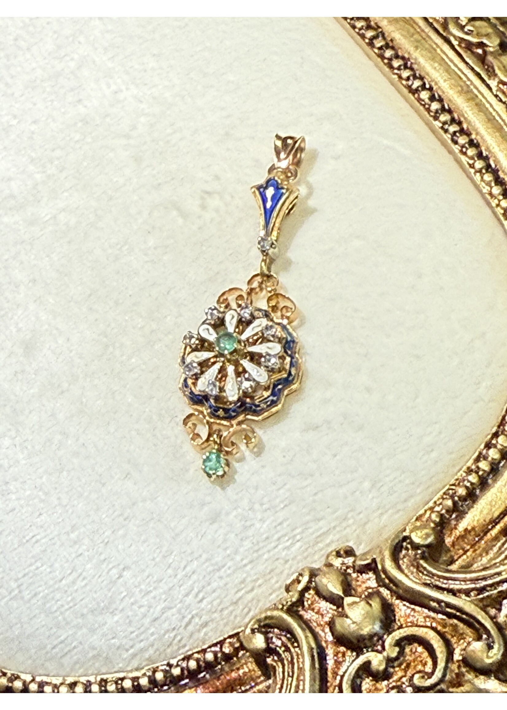 Vintage & Occasion Geelgouden 18k vintage hanger met smaragd en briljant